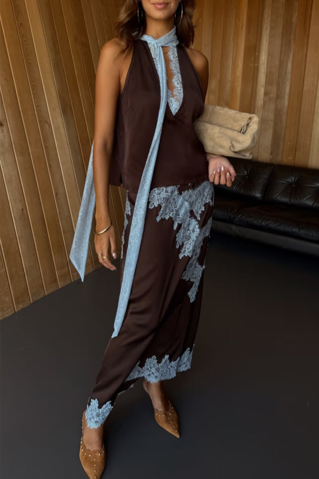 Brown and Blue Lace Panel Top & Skirt Suit Set Co Ord Set