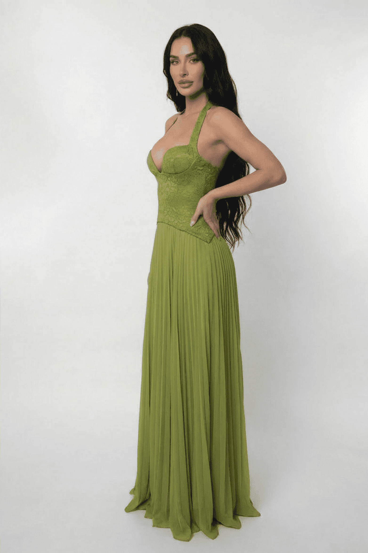 Lace Halter Pleated Maxi Dress