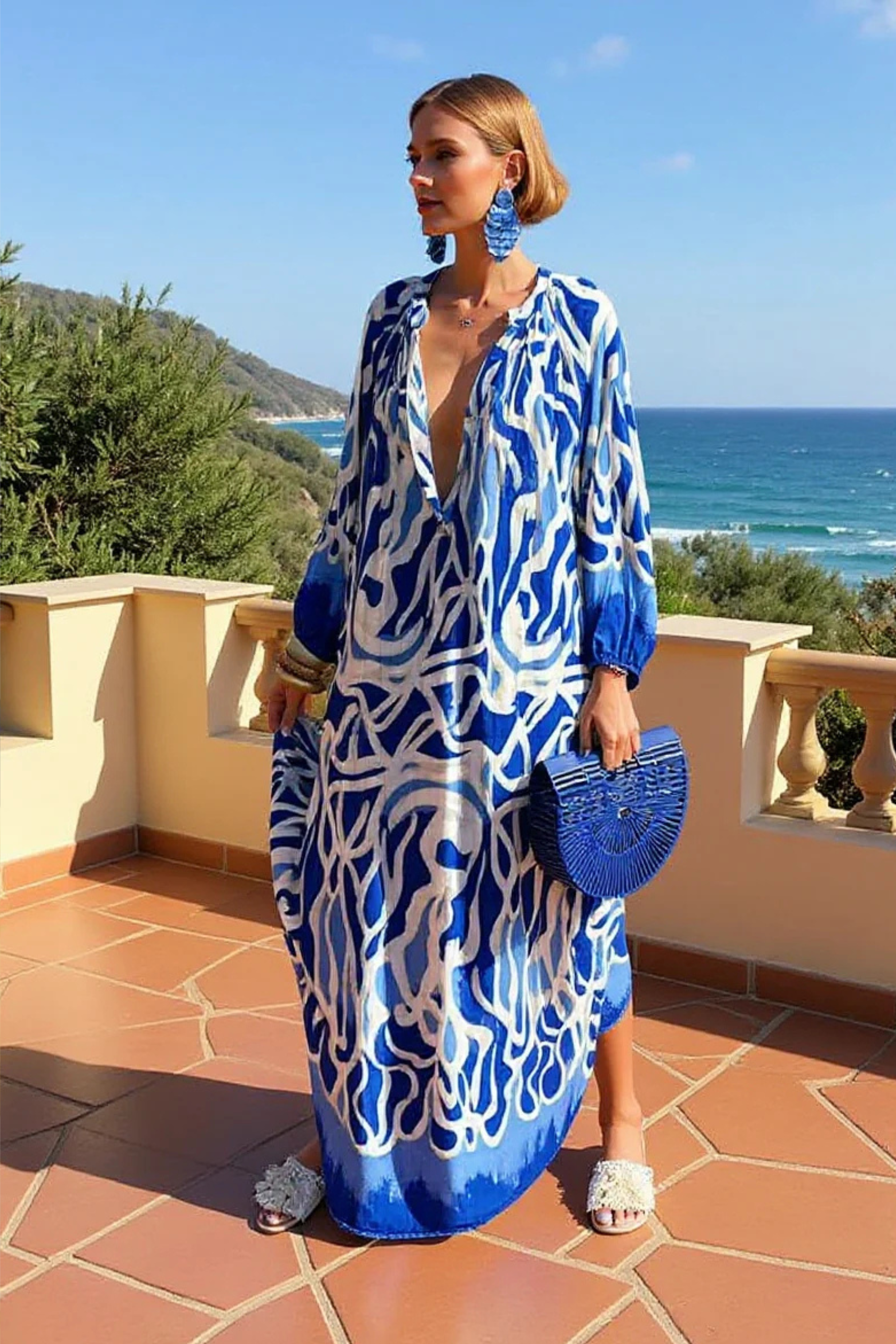 Abstract Print V Neck Kaftan Maxi Dress