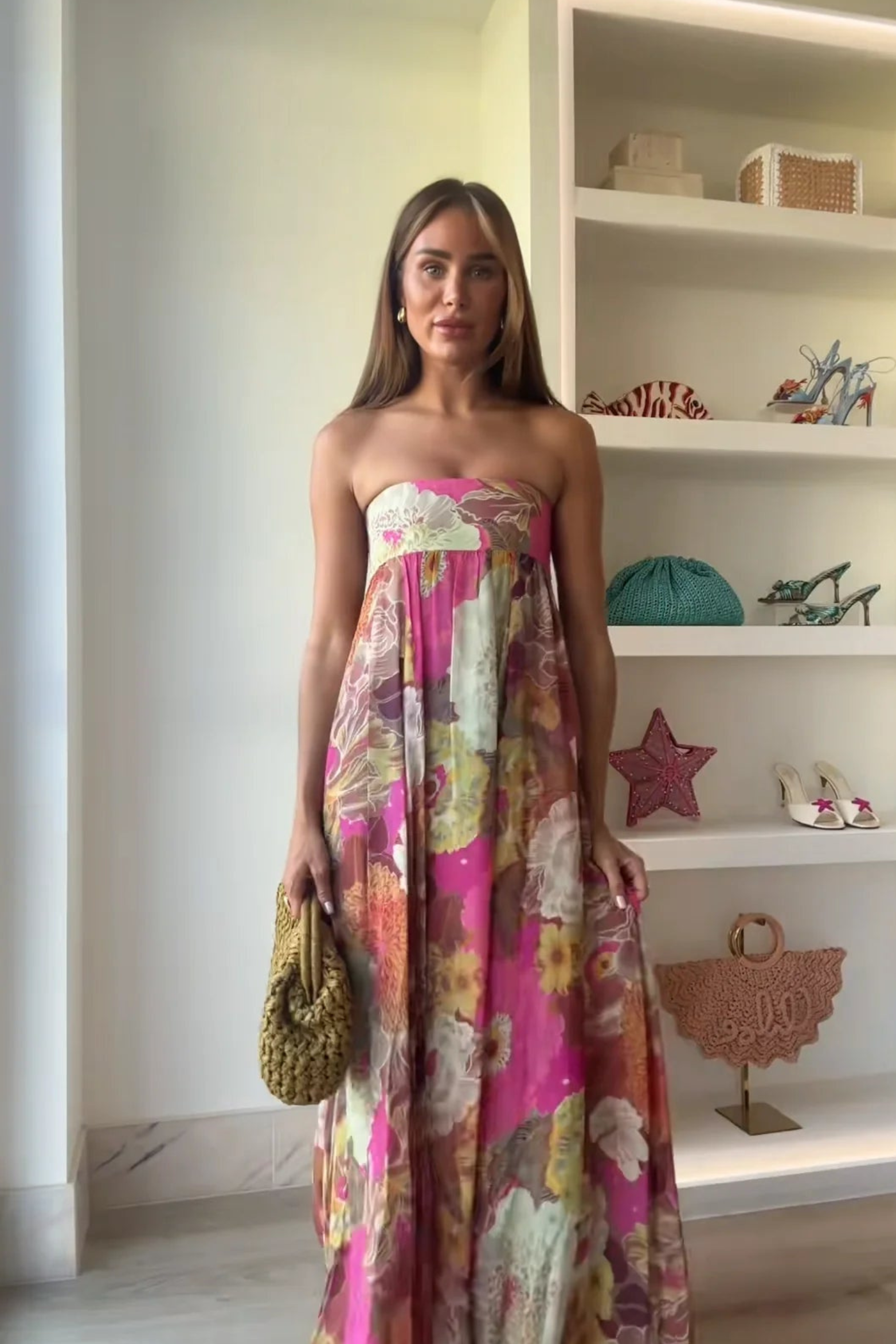 Romantic Floral Strapless Wedding Guest Maxi Dress