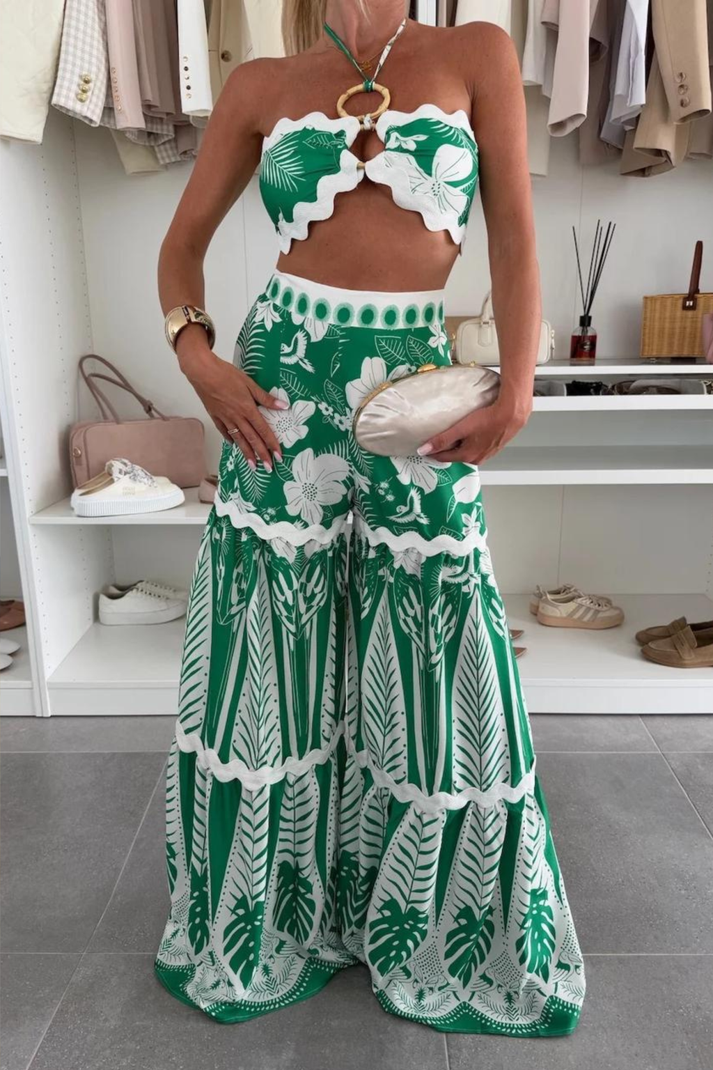 Printed Halter Ring Top and Wide Leg Pants Co Ord Set with Ric Rac Trim