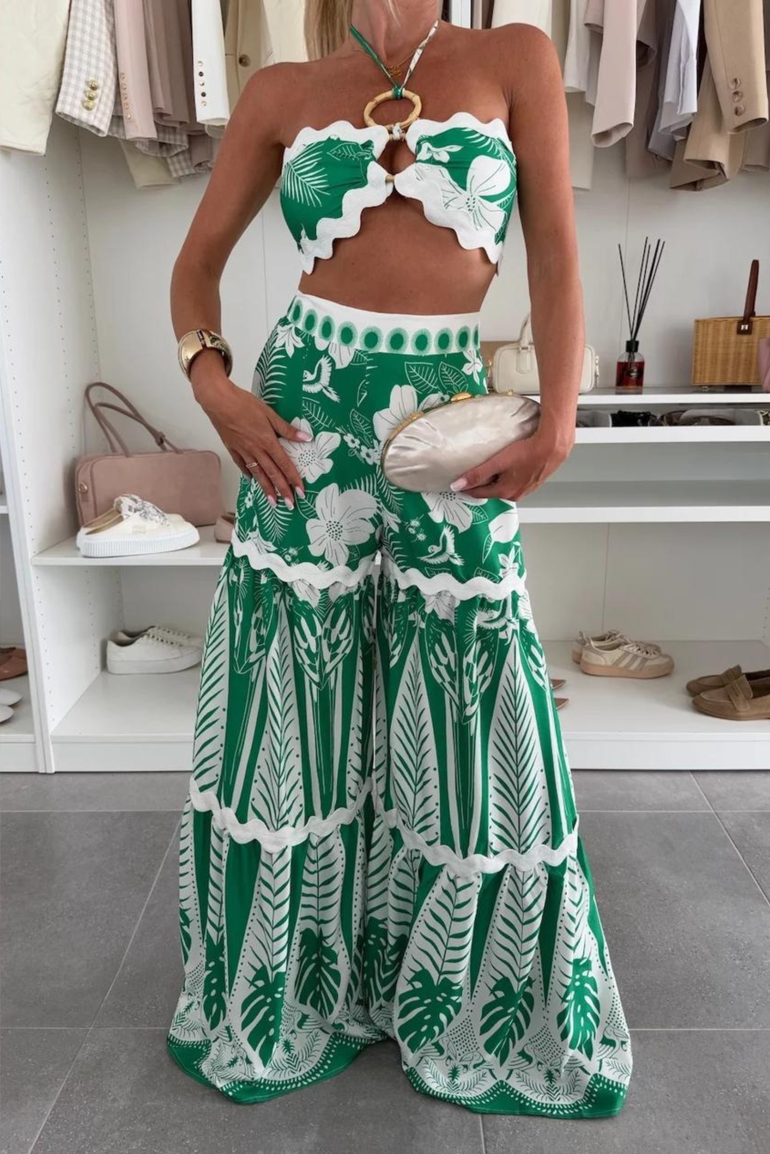 Printed Halter Ring Top and Wide Leg Pants Co Ord Set with Ric Rac Trim