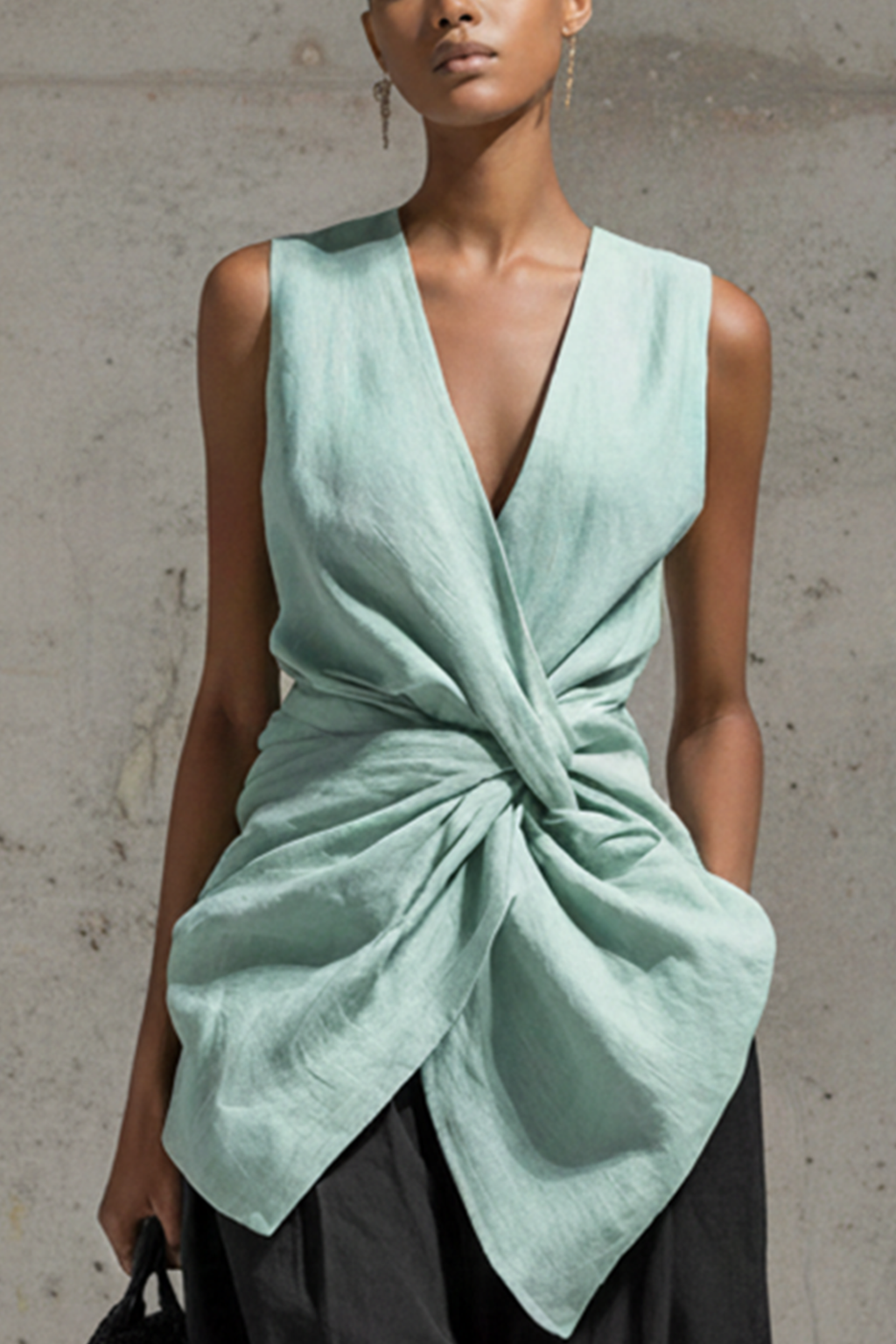 Linen Blend V Neck Knot Sleeveless Top