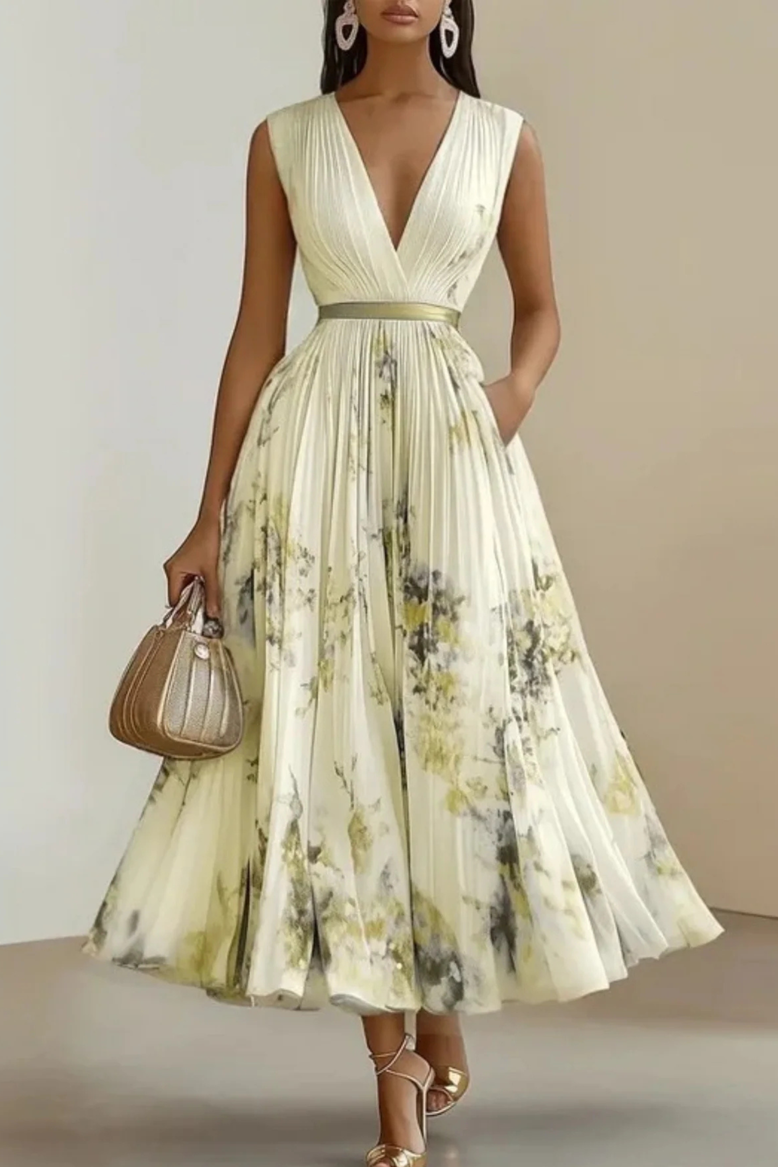 Sleeveless Pleated Flowy Summer Maxi Dress