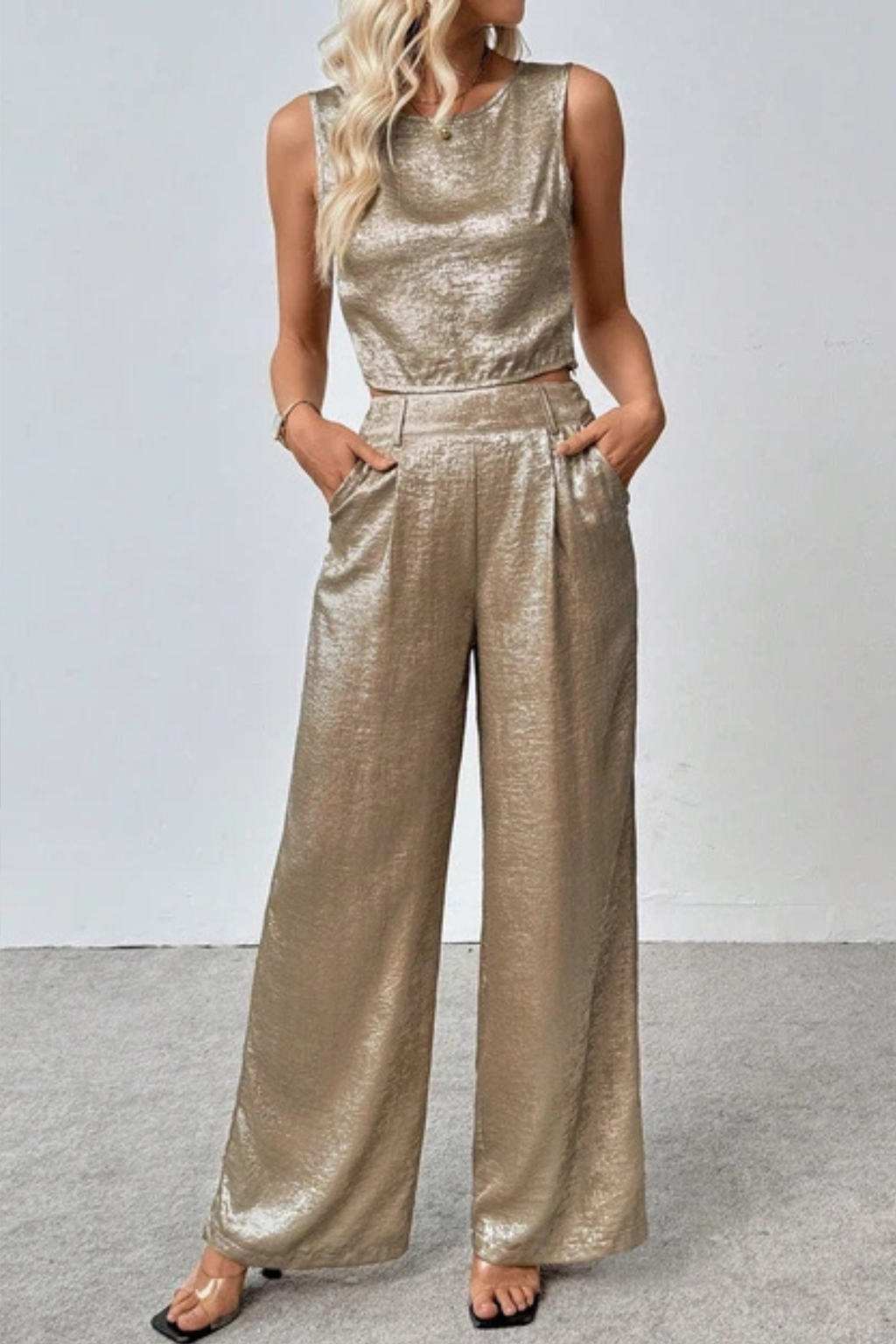 Metallic Crop Tank and Wide Leg Pants Co Ord Set