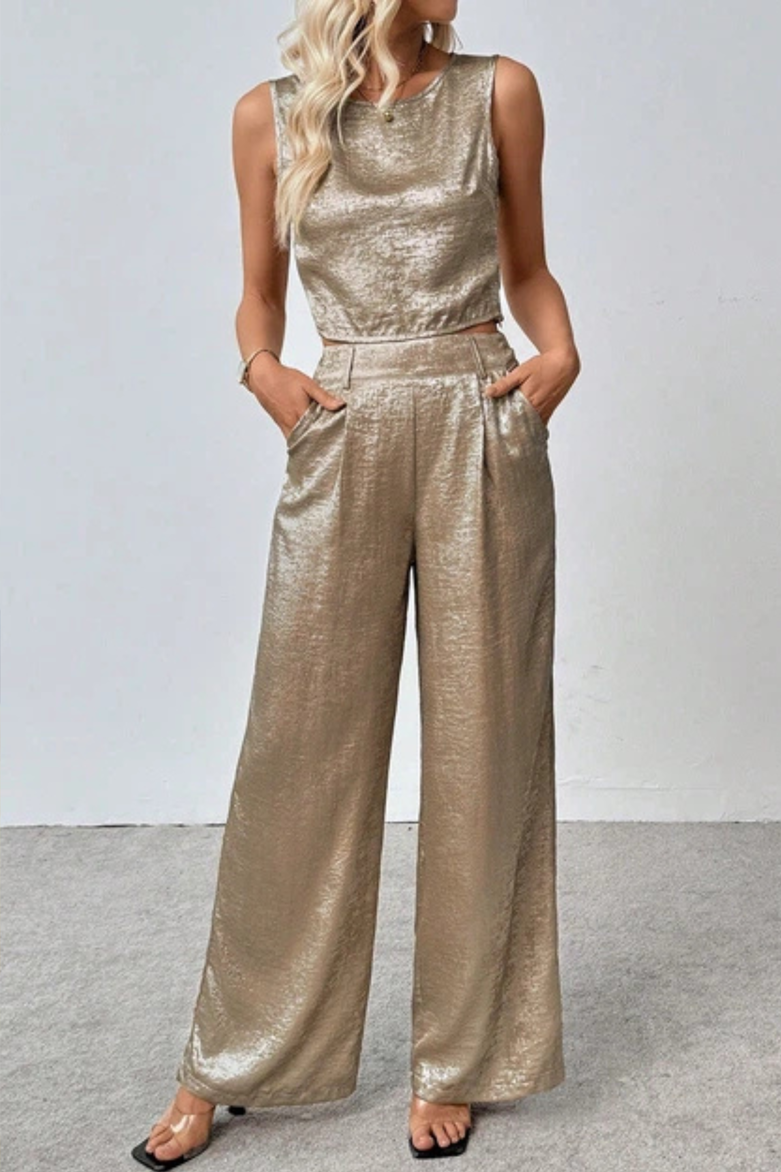 Metallic Crop Tank and Wide Leg Pants Co Ord Set