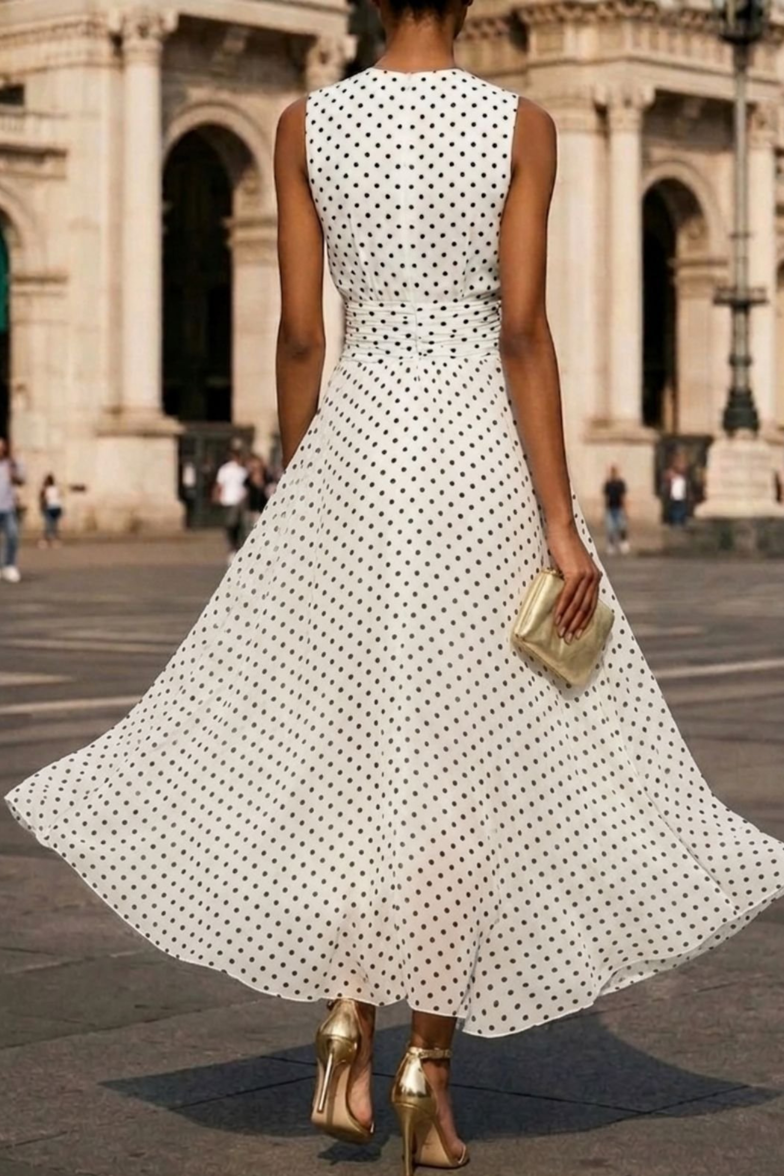 Ruched Chiffon Polkadot Maxi Dress with A Line Silhouette