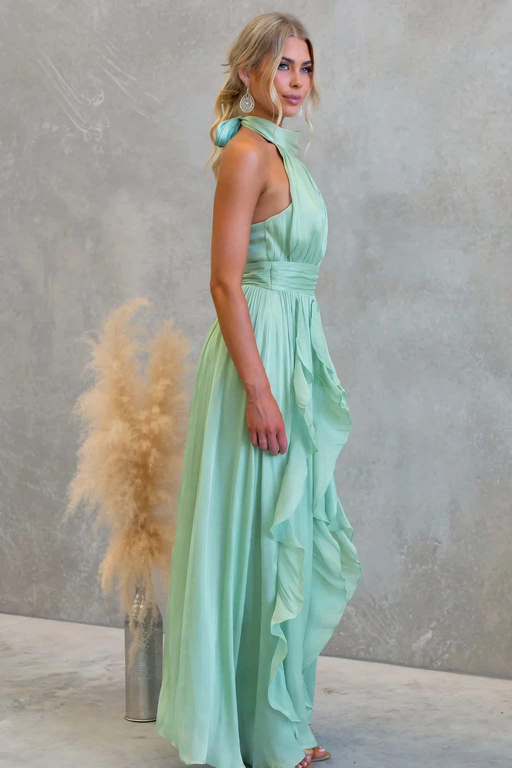 Coral Metallic Chiffon Ruffle Tie Neck Maxi Dress