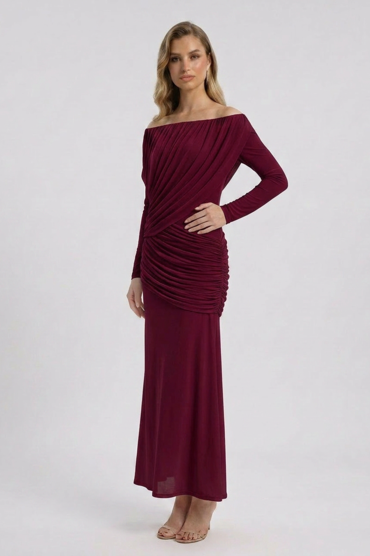 Off Shoulder Ruched Maxi Dress with Long Sleeves