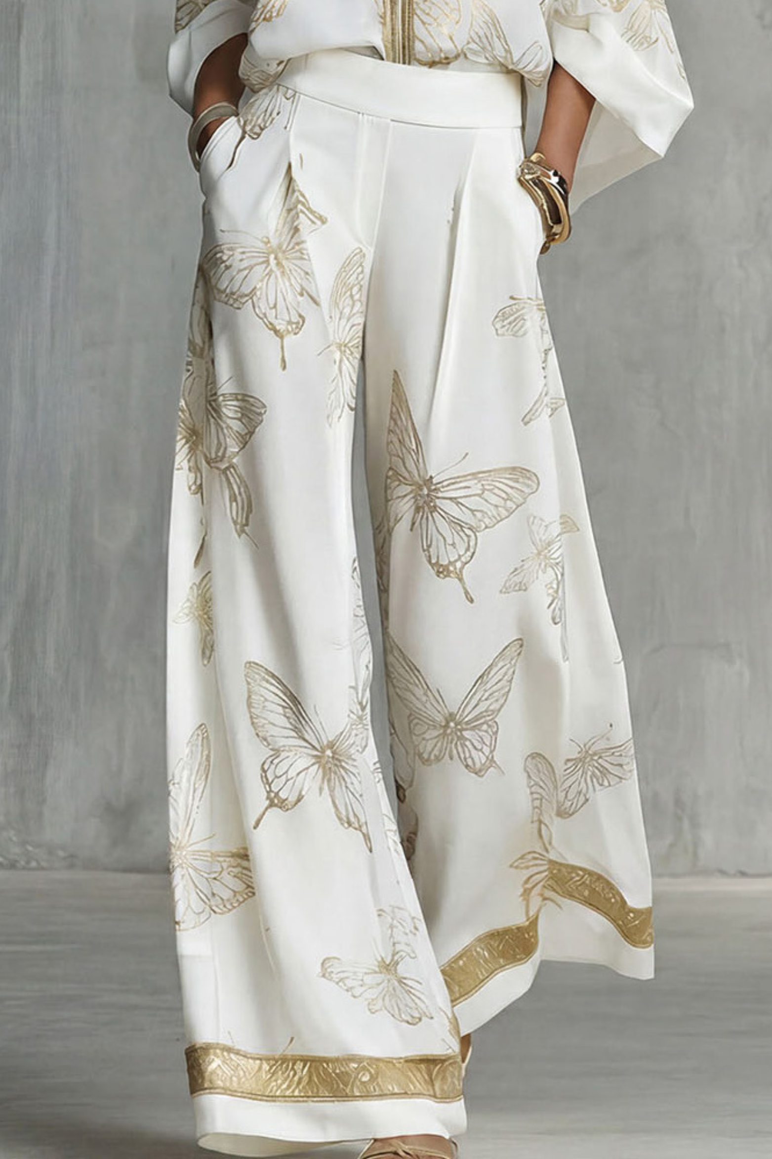 Butterfly Print Zip Front Two Piece Set