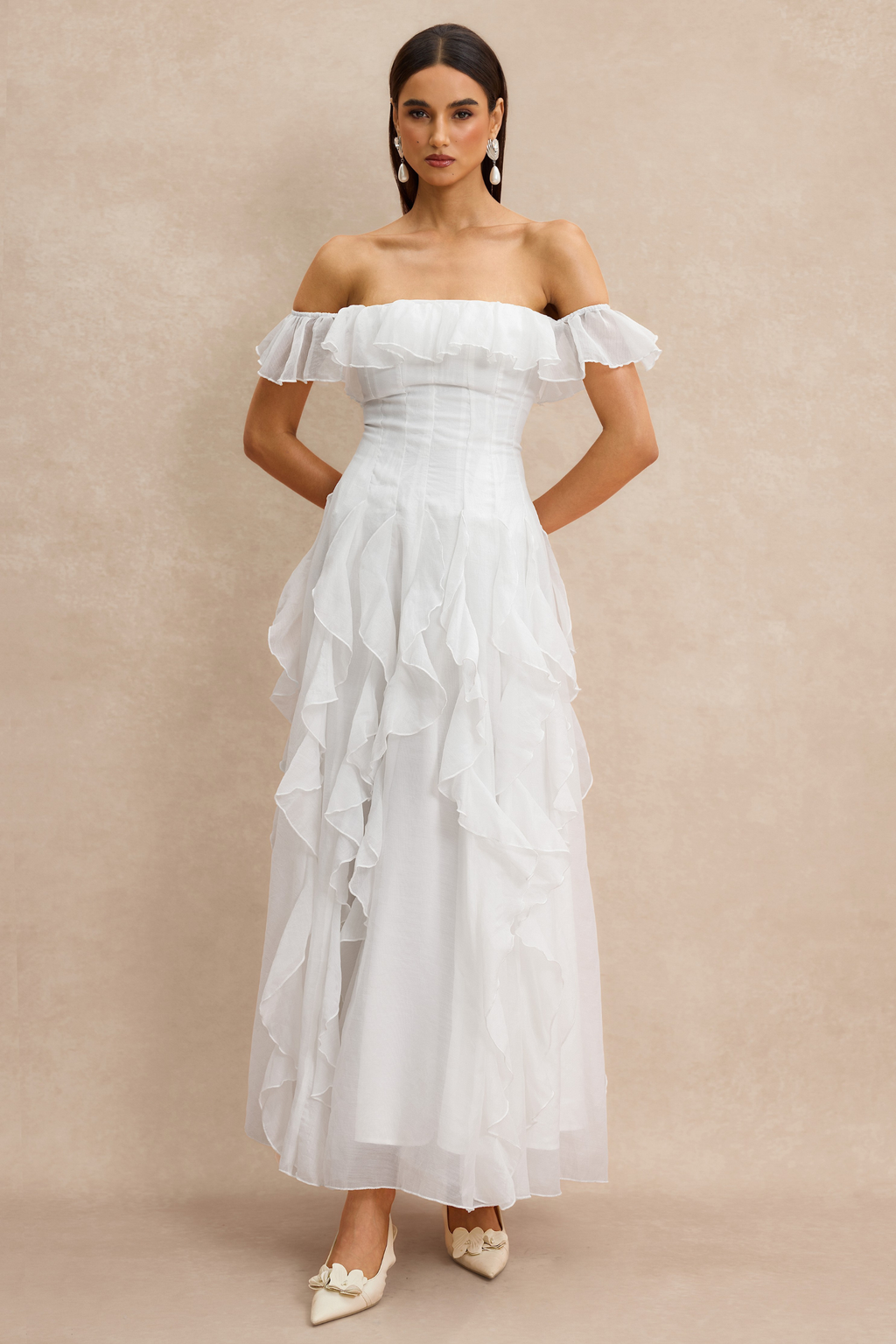 Off-Shoulder Frill Maxi Dress with Flowing Organza Design