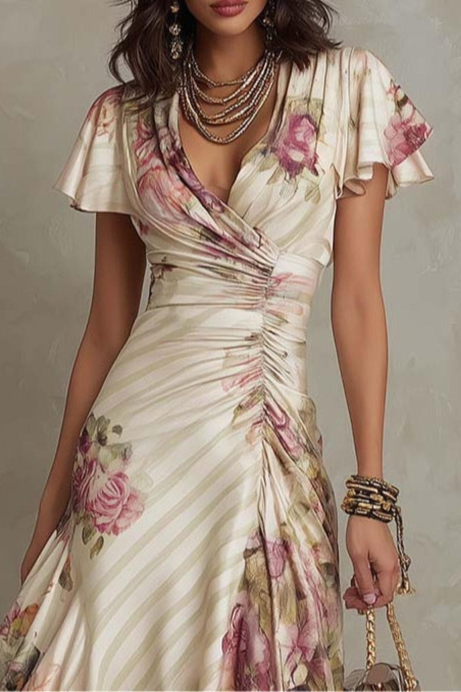 Floral Satin Midi Dress with Ruched Waist