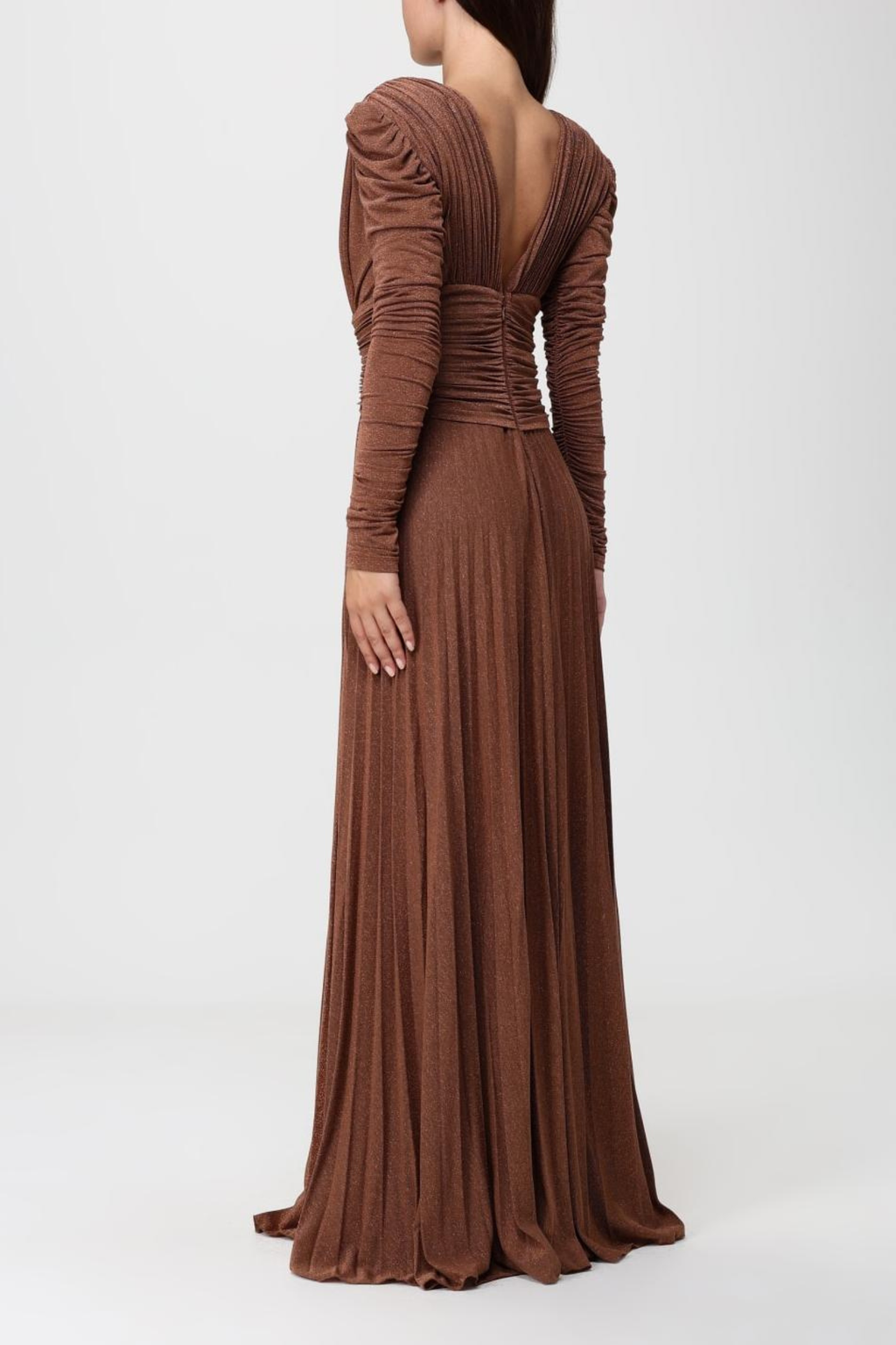 Pleated Puff Sleeve V Neck Maxi Dress