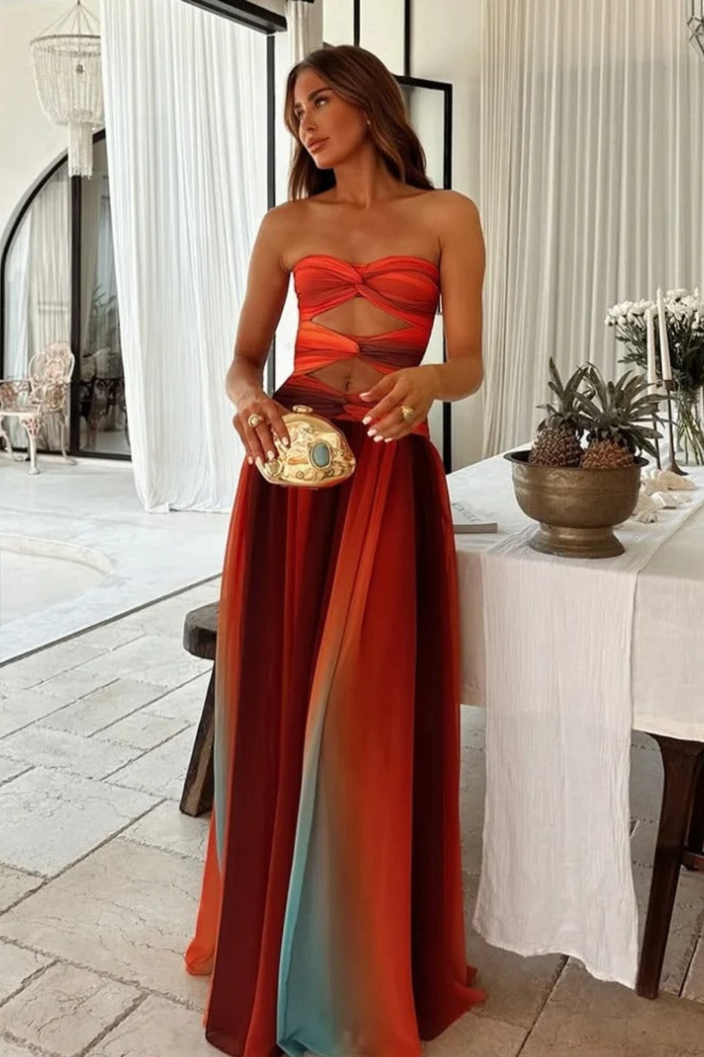Strapless Cut Out Maxi Dress with Flowing Silhouette