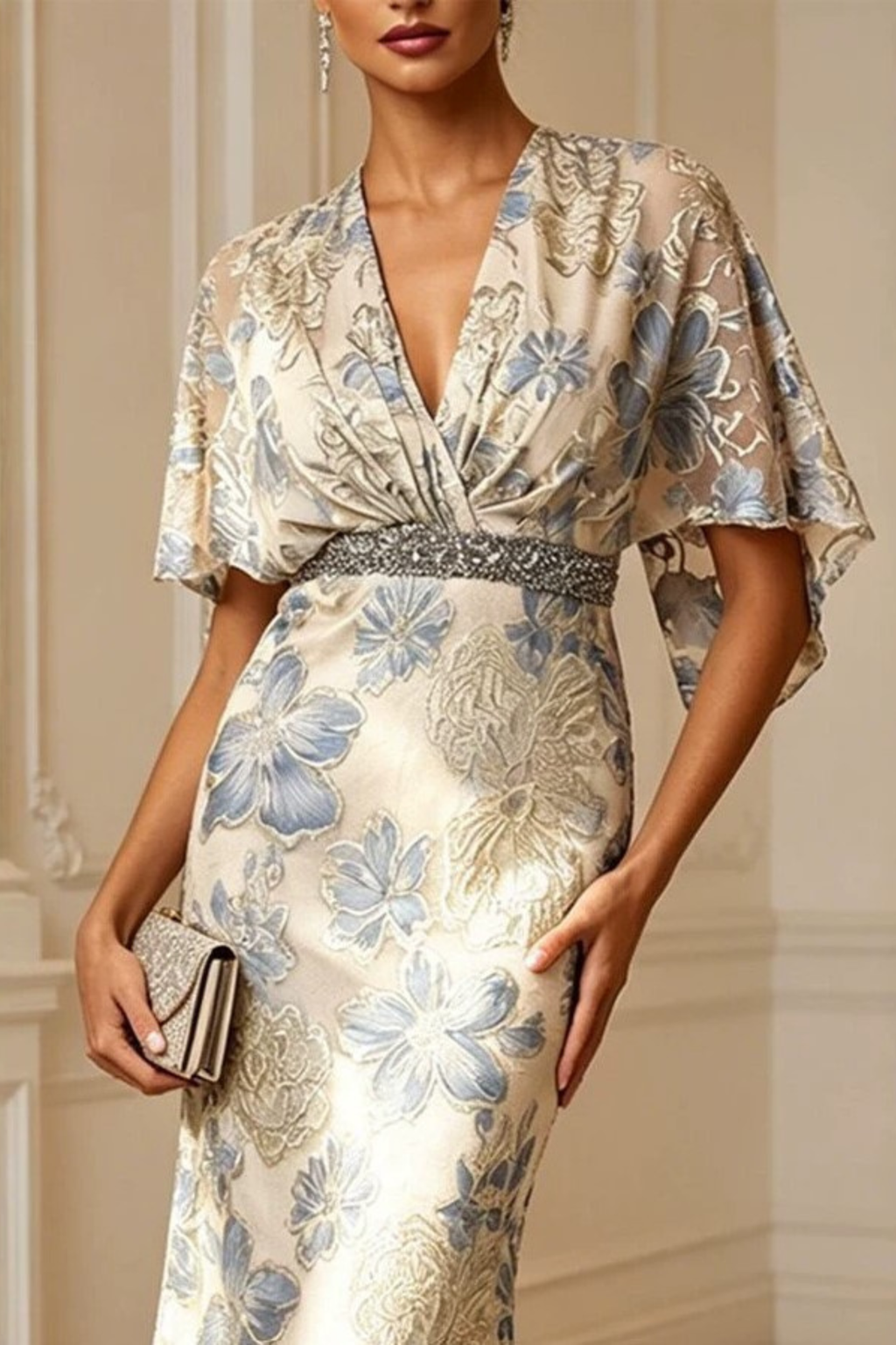 Floral Mermaid Cape Sleeve Beaded Gown