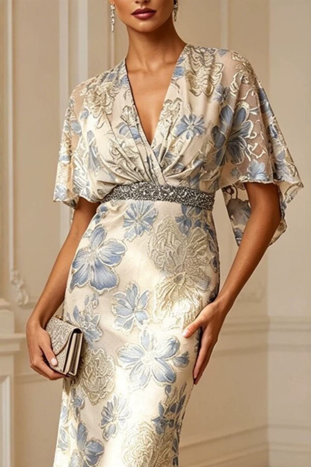 Floral Mermaid Cape Sleeve Beaded Gown