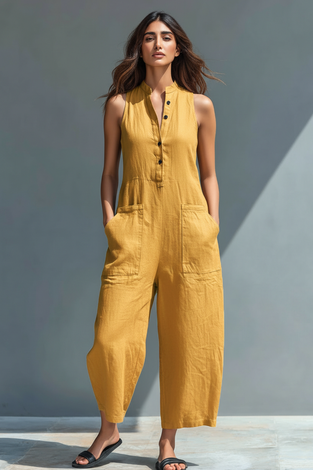 Linen Blend Stand Collar Sleeveless Loose Button Jumpsuit