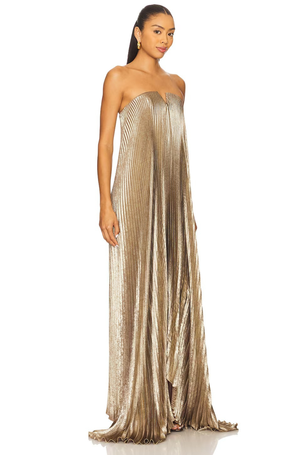 Gold Plisse Evening Maxi Dress