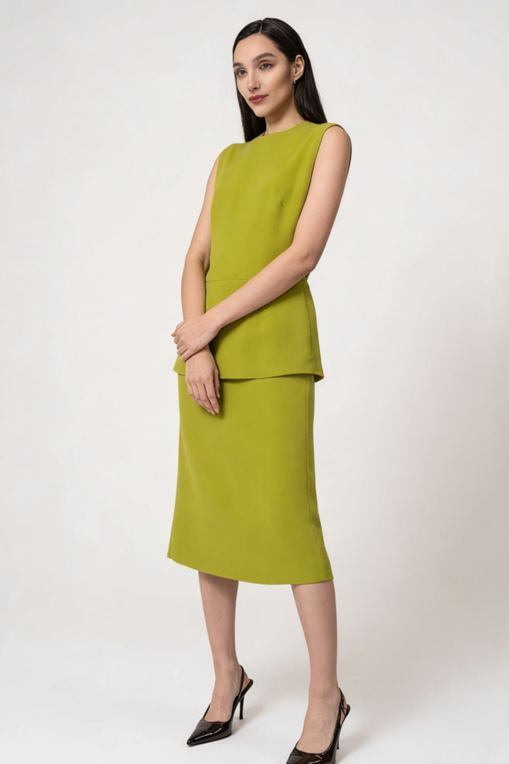 Olive Green Sleeveless Peplum Flare Midi Dr
