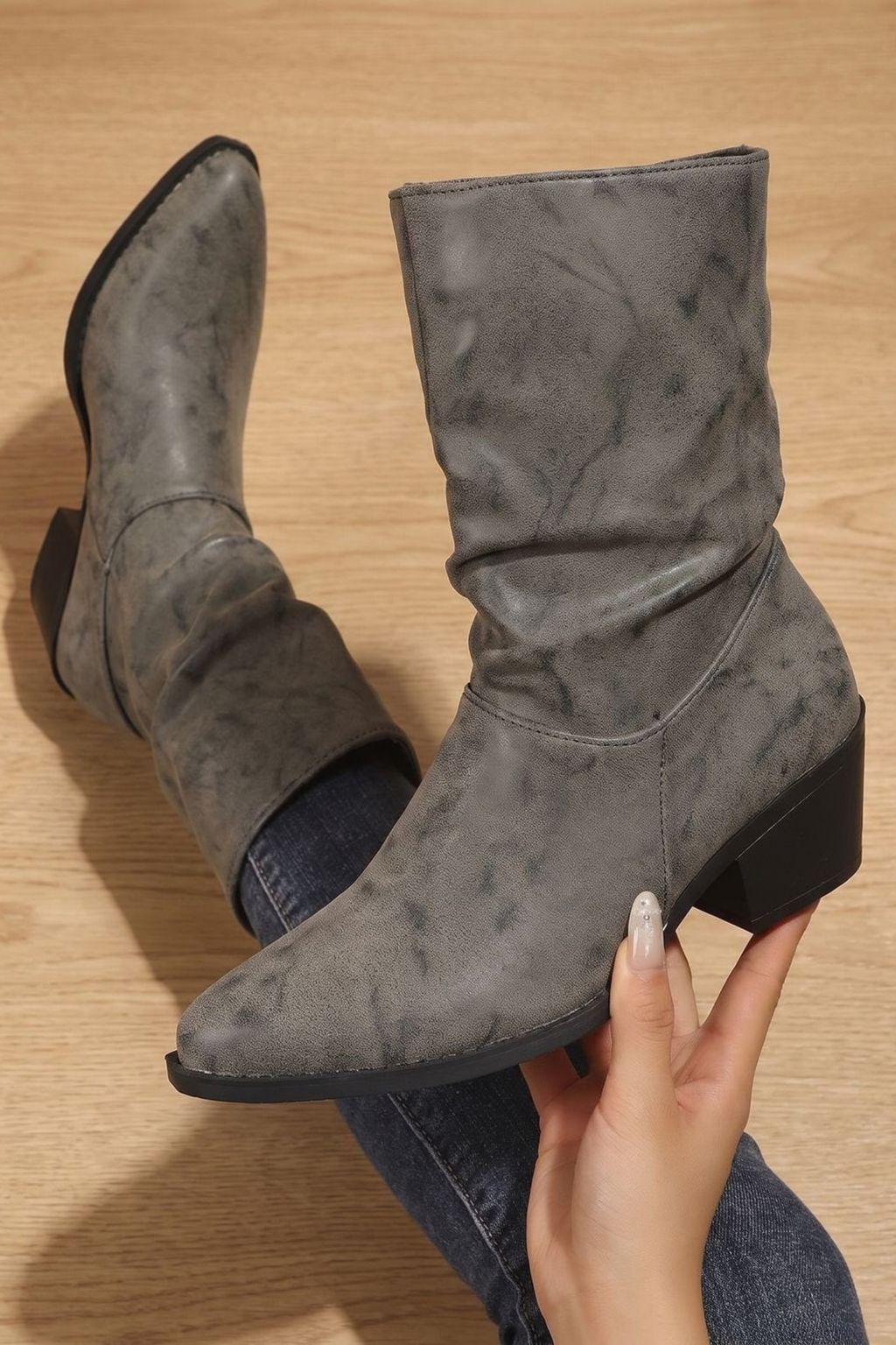 Slouch Mid Calf Block Heel Boots