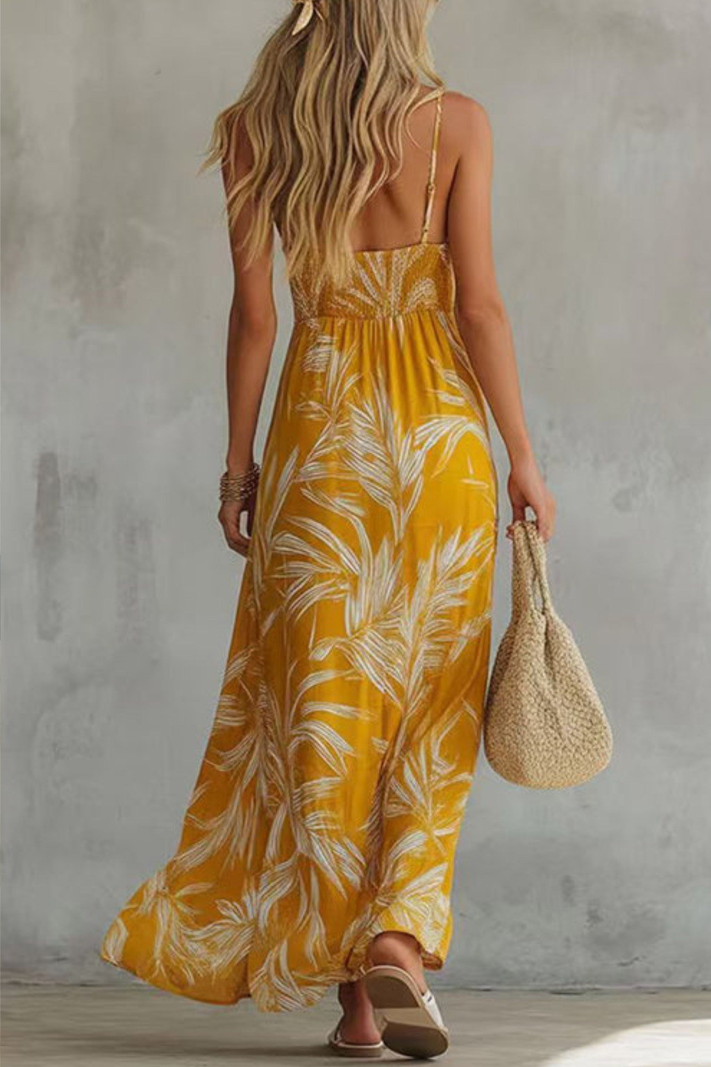 Printed Chiffon Spaghetti Strap V Neck Maxi Dress