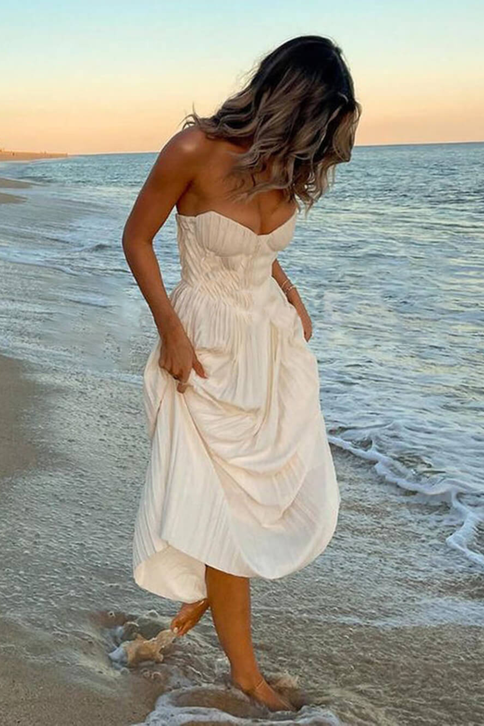 Pleated Strapless Maxi Dress with Flowing A-Line Silhouette