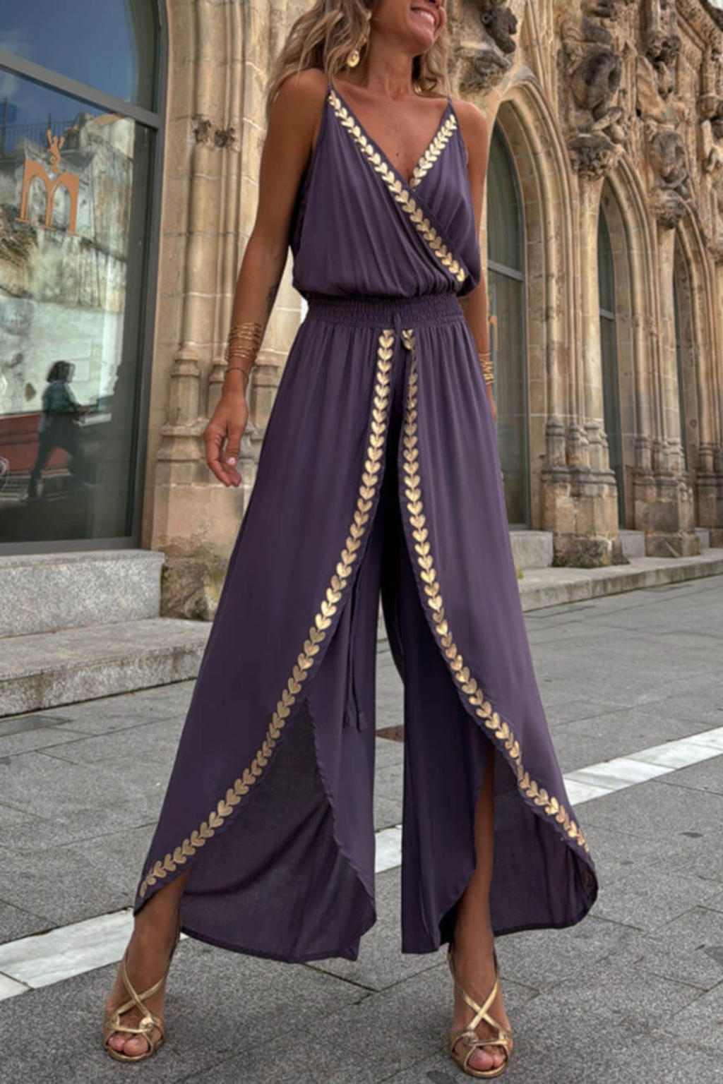 Cross Neck Backless Jumpsuit with Gold Trim Side Slit Design