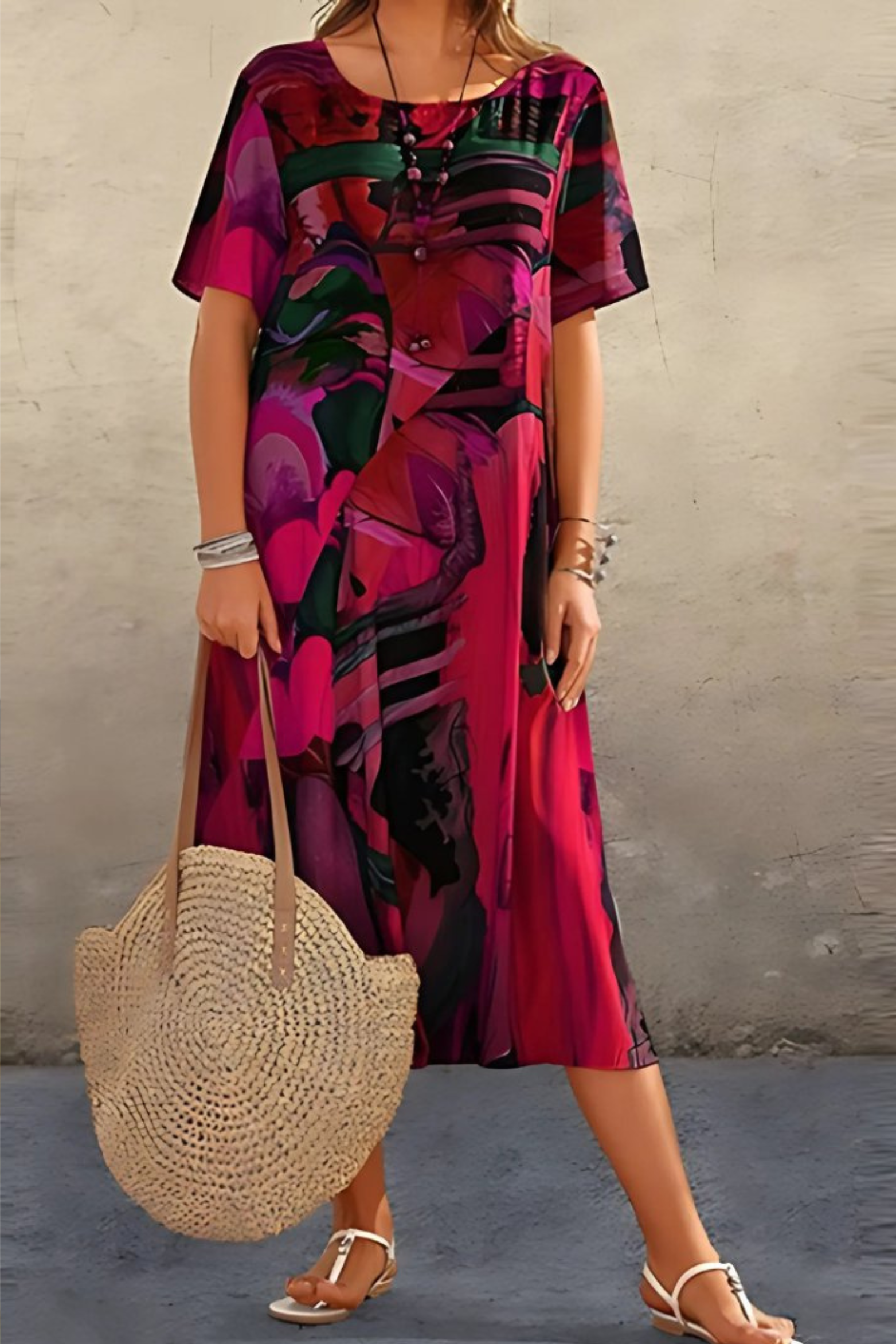 Relaxed Abstract Print Midi Dress with Short Sleeves