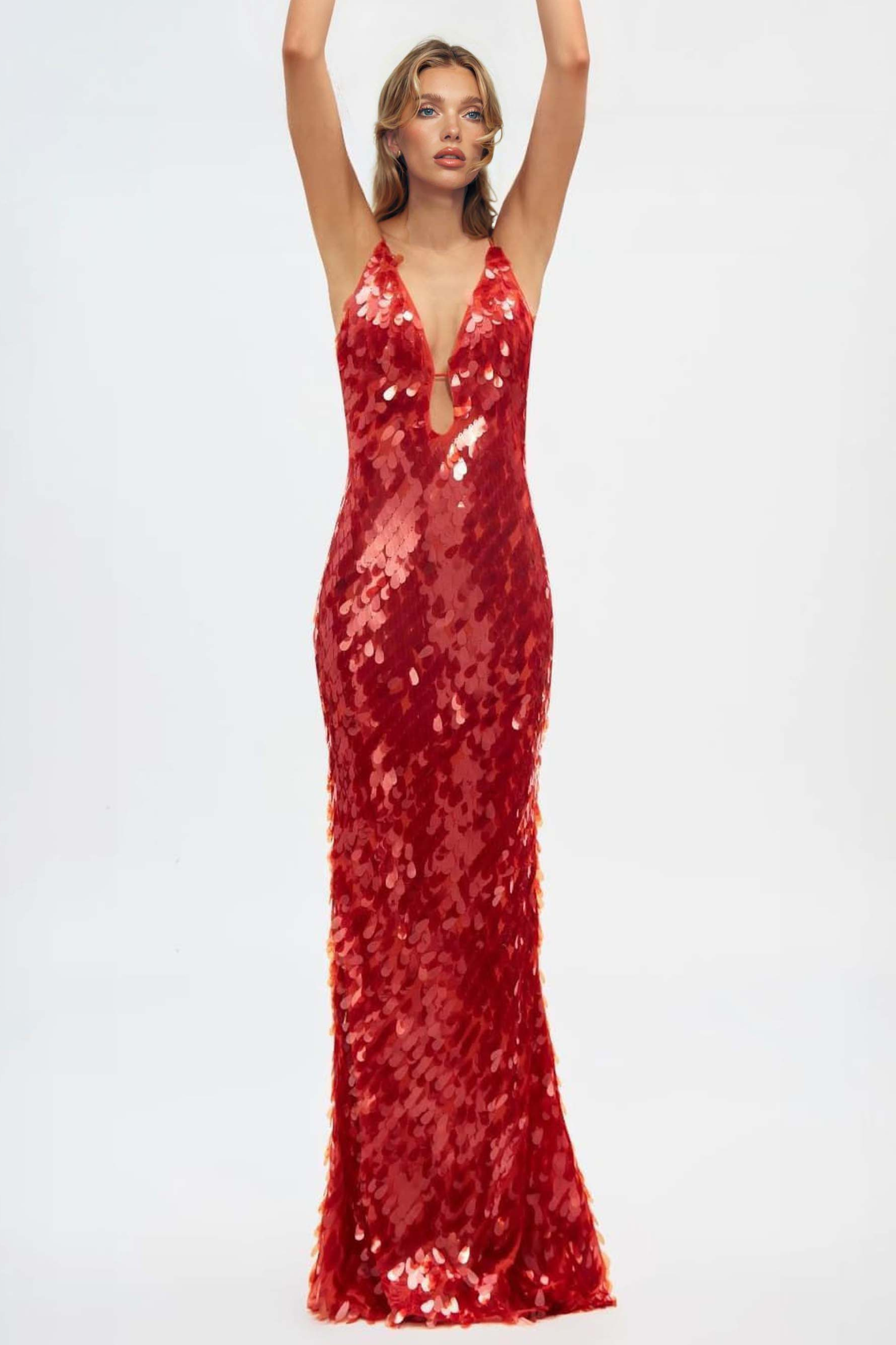 Sequin Plunge Neck Maxi Dress with Open Back Design
