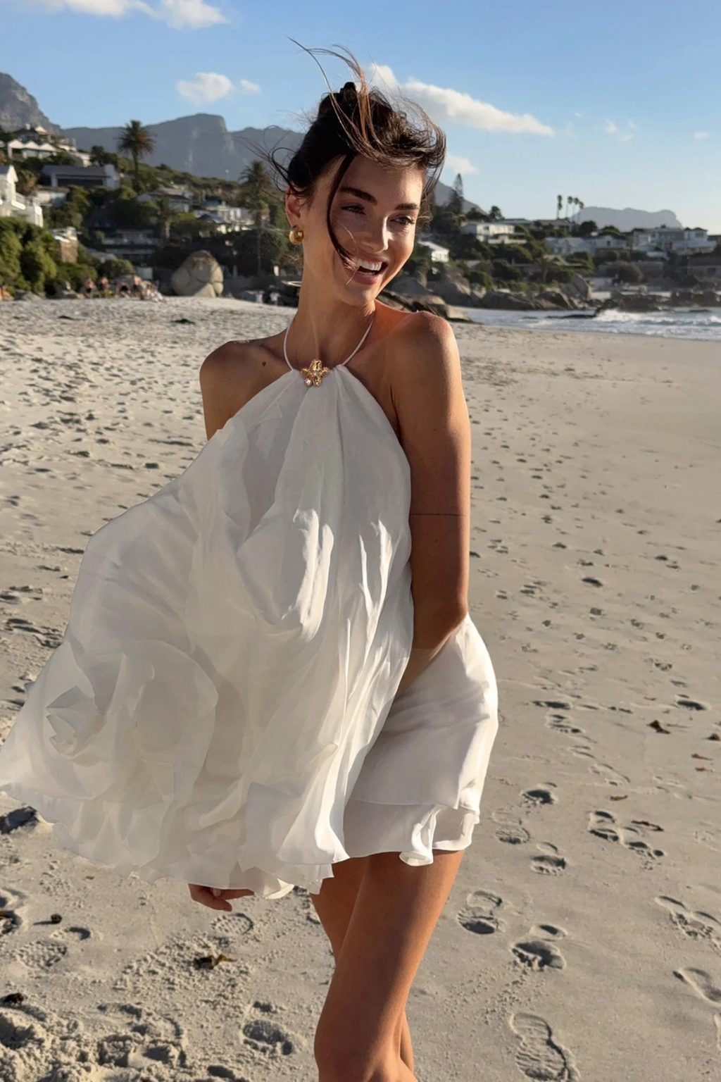 Backless Halter Mini Dress with Layered Ruffle Hem
