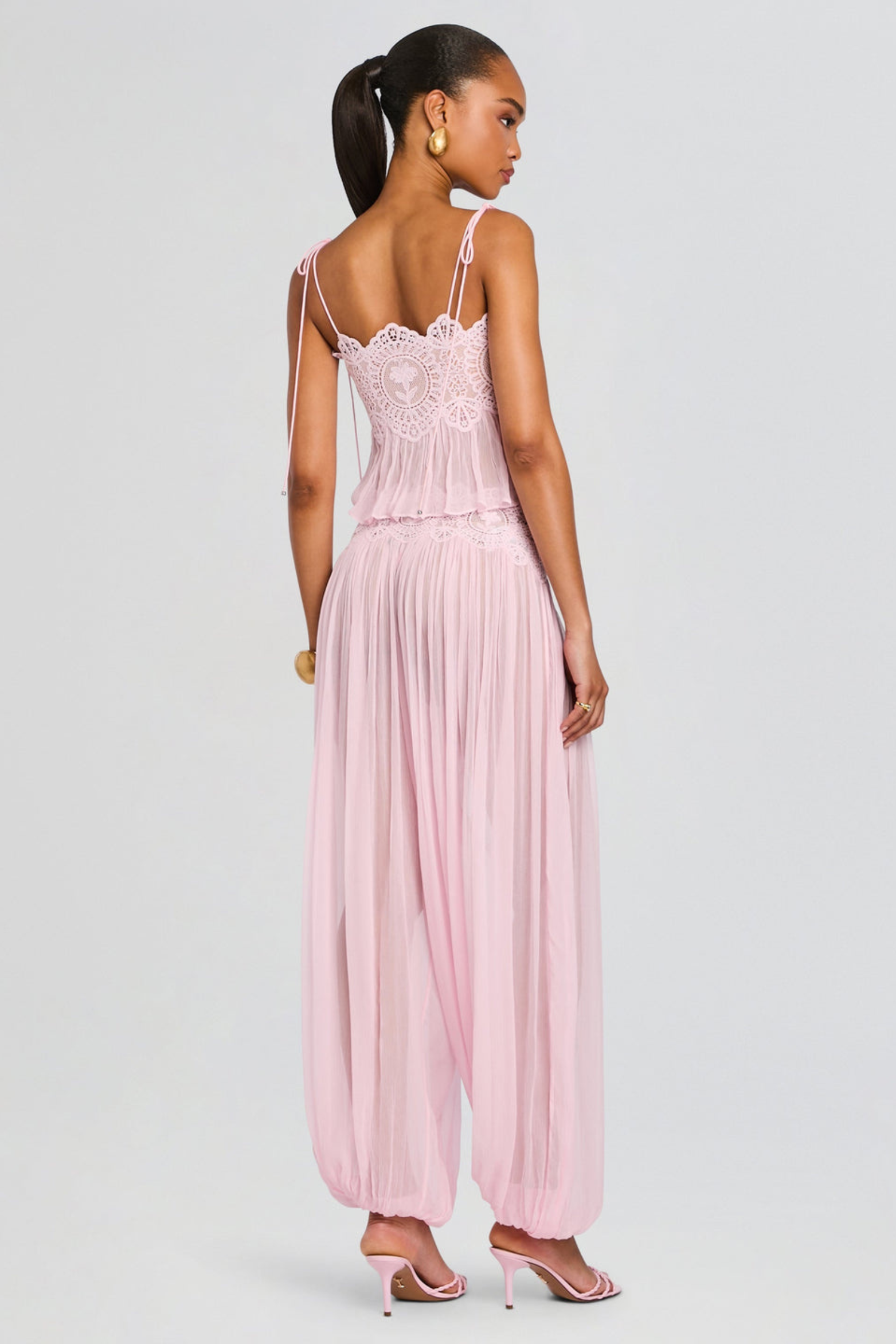 Blush Chiffon Two-Piece Set with Lace Trim Wide-Leg Pants, Pink / 2XL