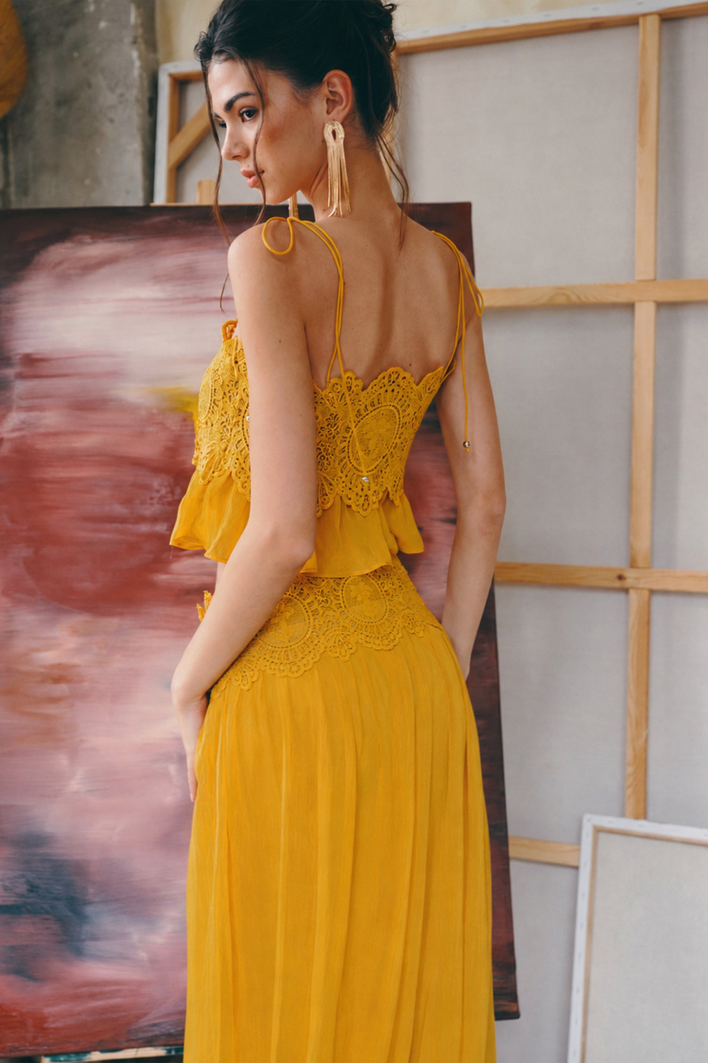 Blush Chiffon Two-Piece Set with Lace Trim Wide-Leg Pants