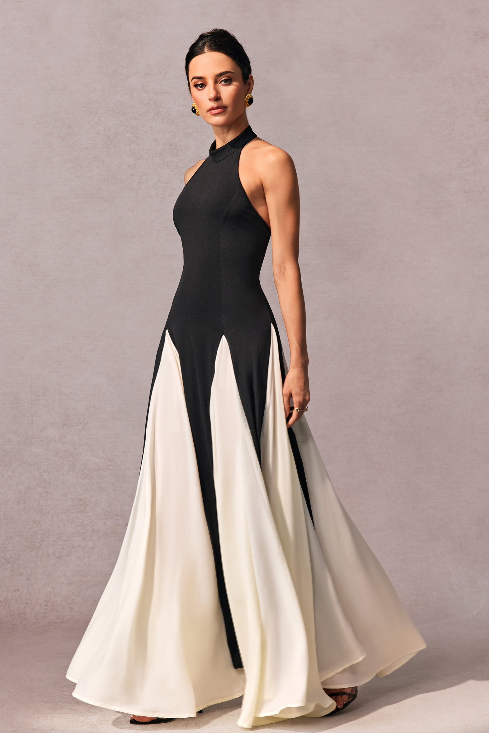 Black White High Neck Formal A Line Maxi Dress
