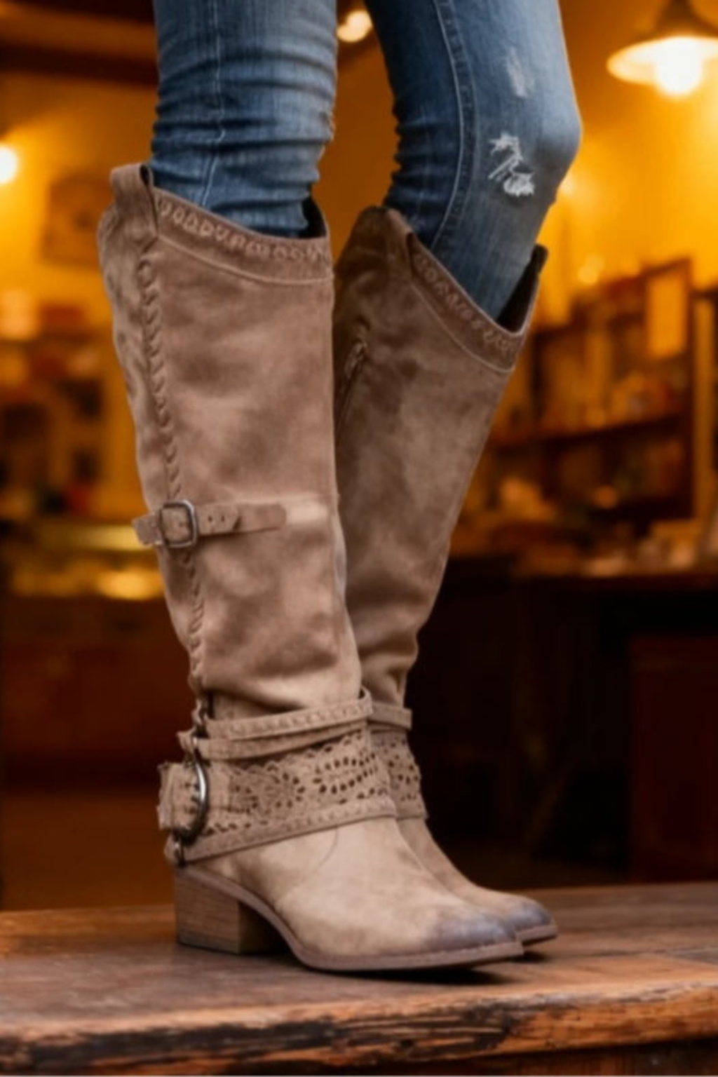 Women's Buckle Detail High Top Boots
