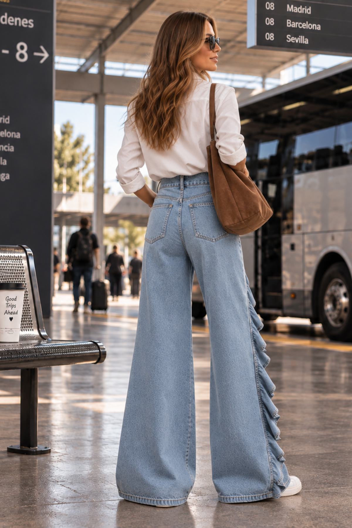 Asymmetrical Ruffle Mid Rise Wide Leg Jeans