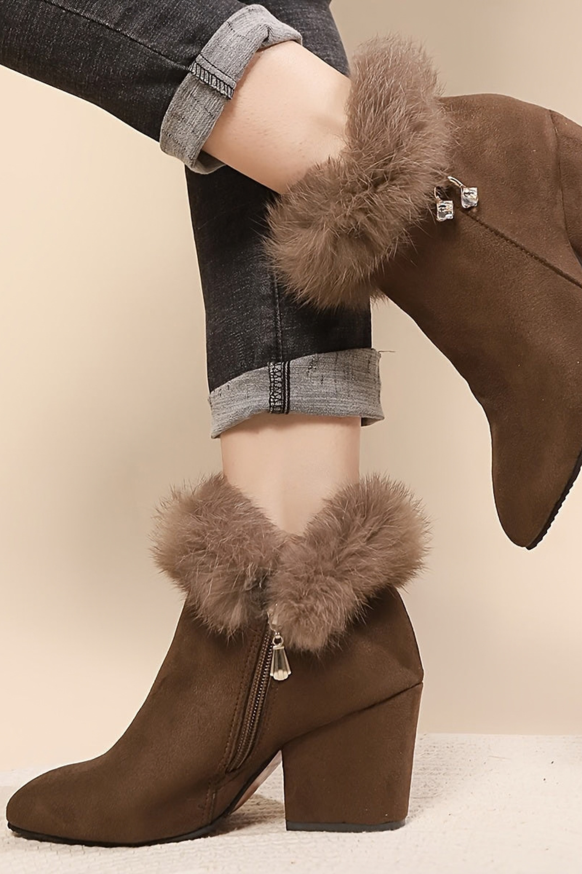 Pointed Toe Plush Trim Block Heel Boots