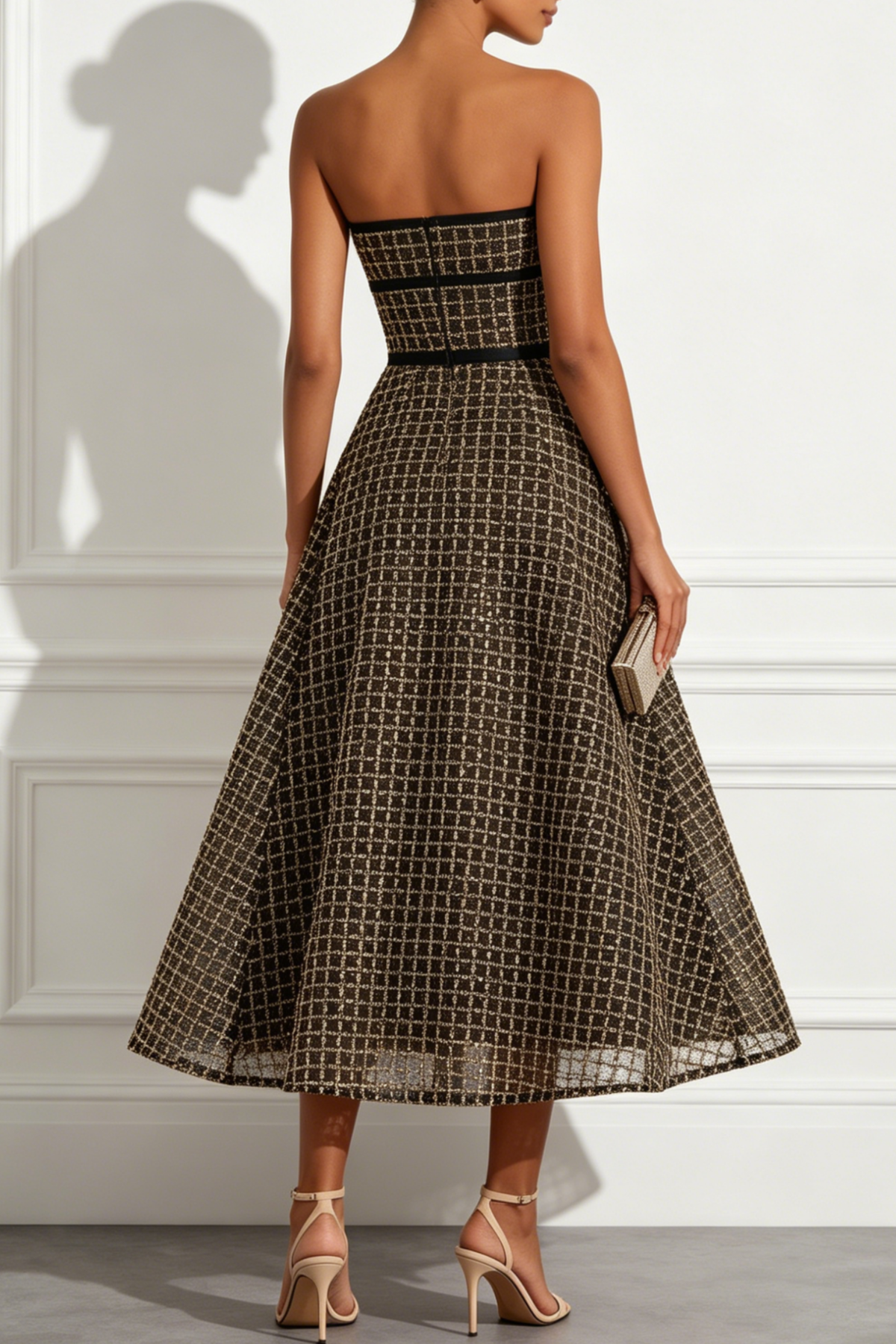Plaid Sequin Bow A Line Midi Dress