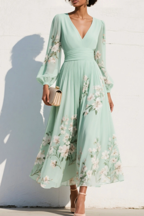 Green Floral Pleated Chiffon Midi Dress with V Neck