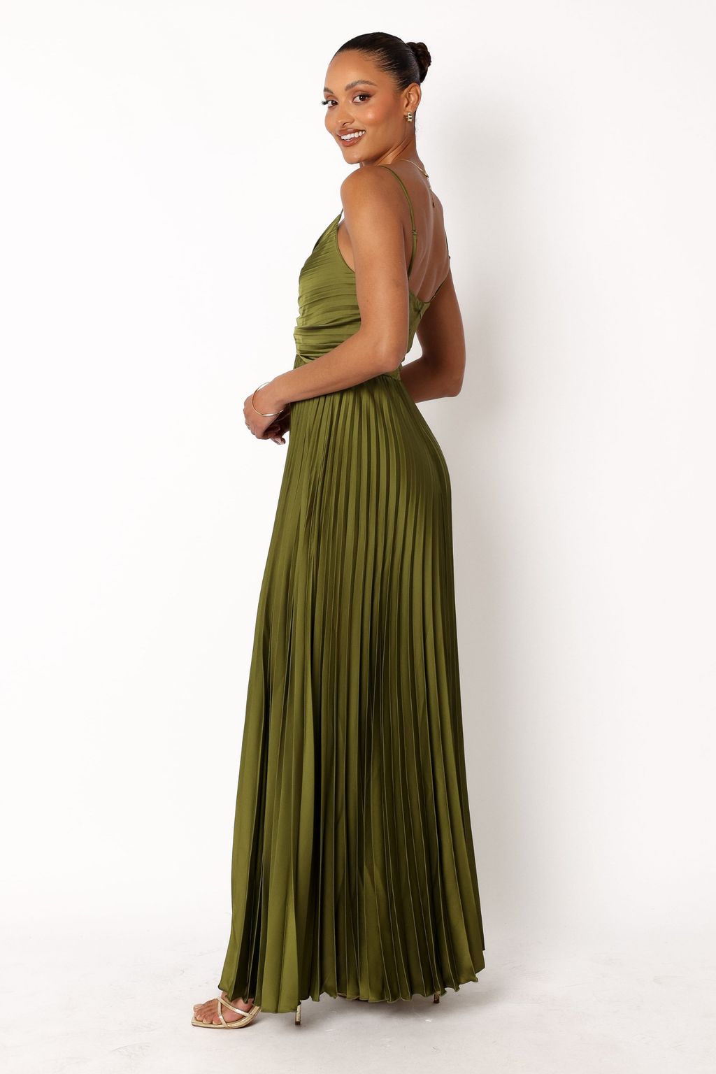 Pleated Satin Maxi Dress with V Neckline