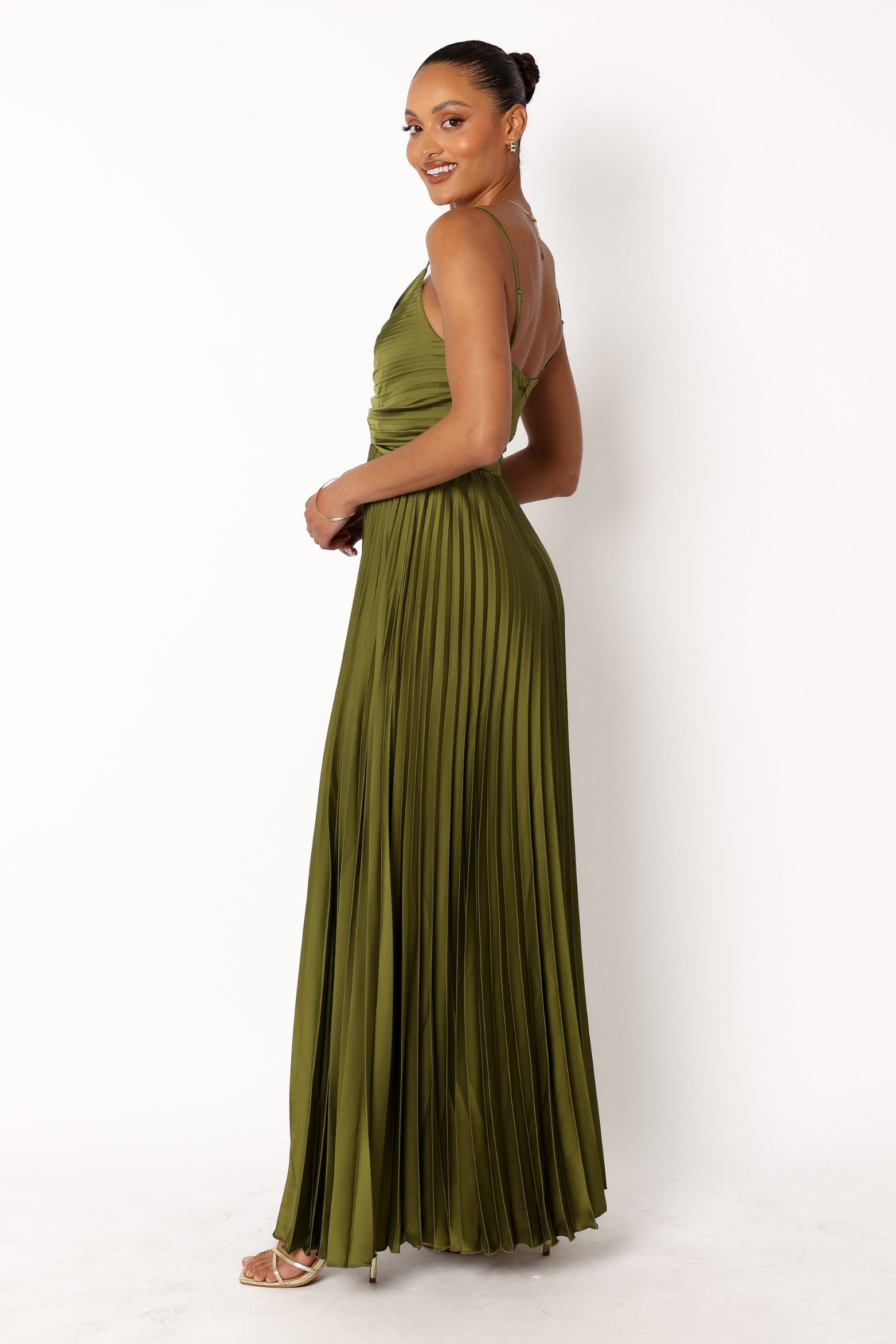 Pleated Satin Maxi Dress with V Neckline