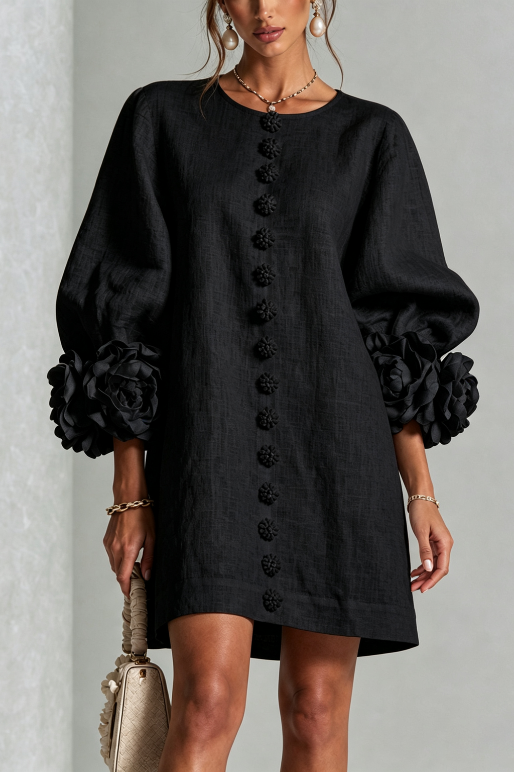 Black Floral Cuff Button Front Mini Dress