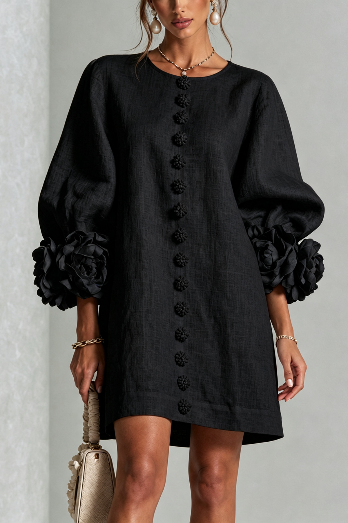 Black Floral Cuff Button Front Mini Dress