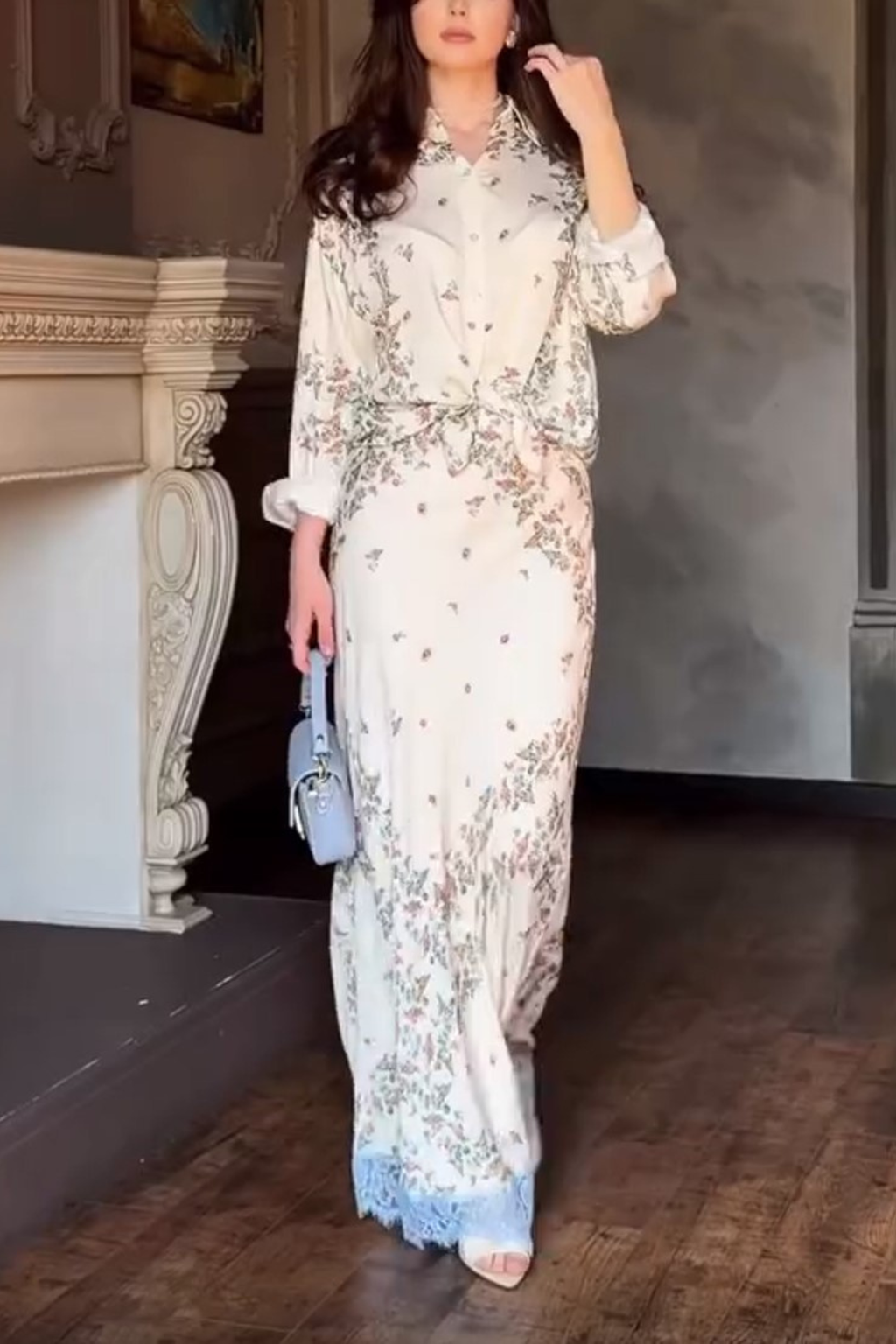 Floral Shirt Lace Hem Maxi Skirt Set
