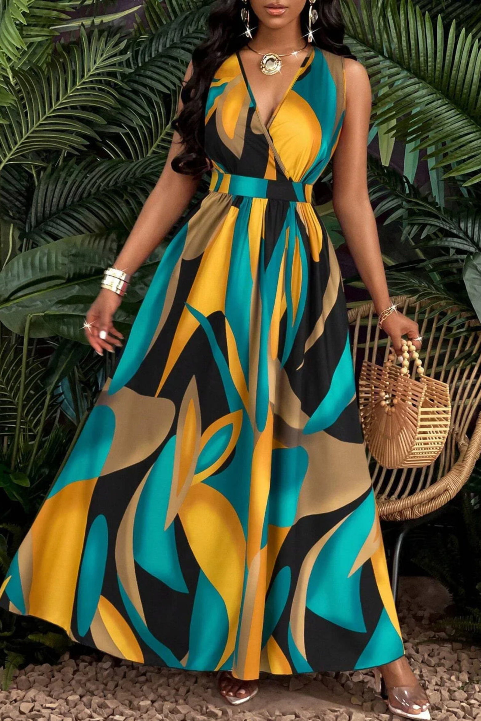 Abstract Print V Neck Sleeveless Maxi Dress