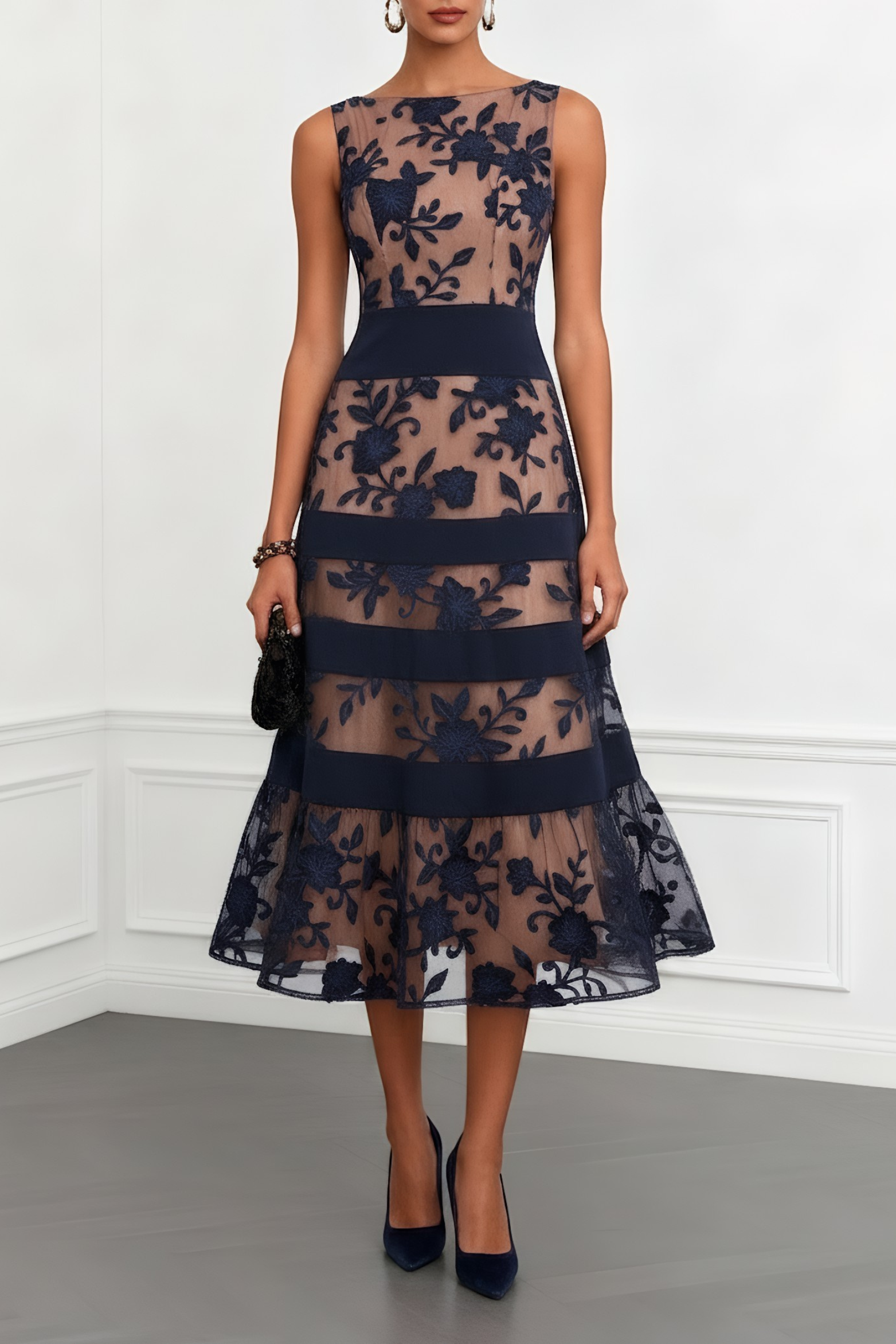 Floral Colorblock Mesh Lace Midi Dress