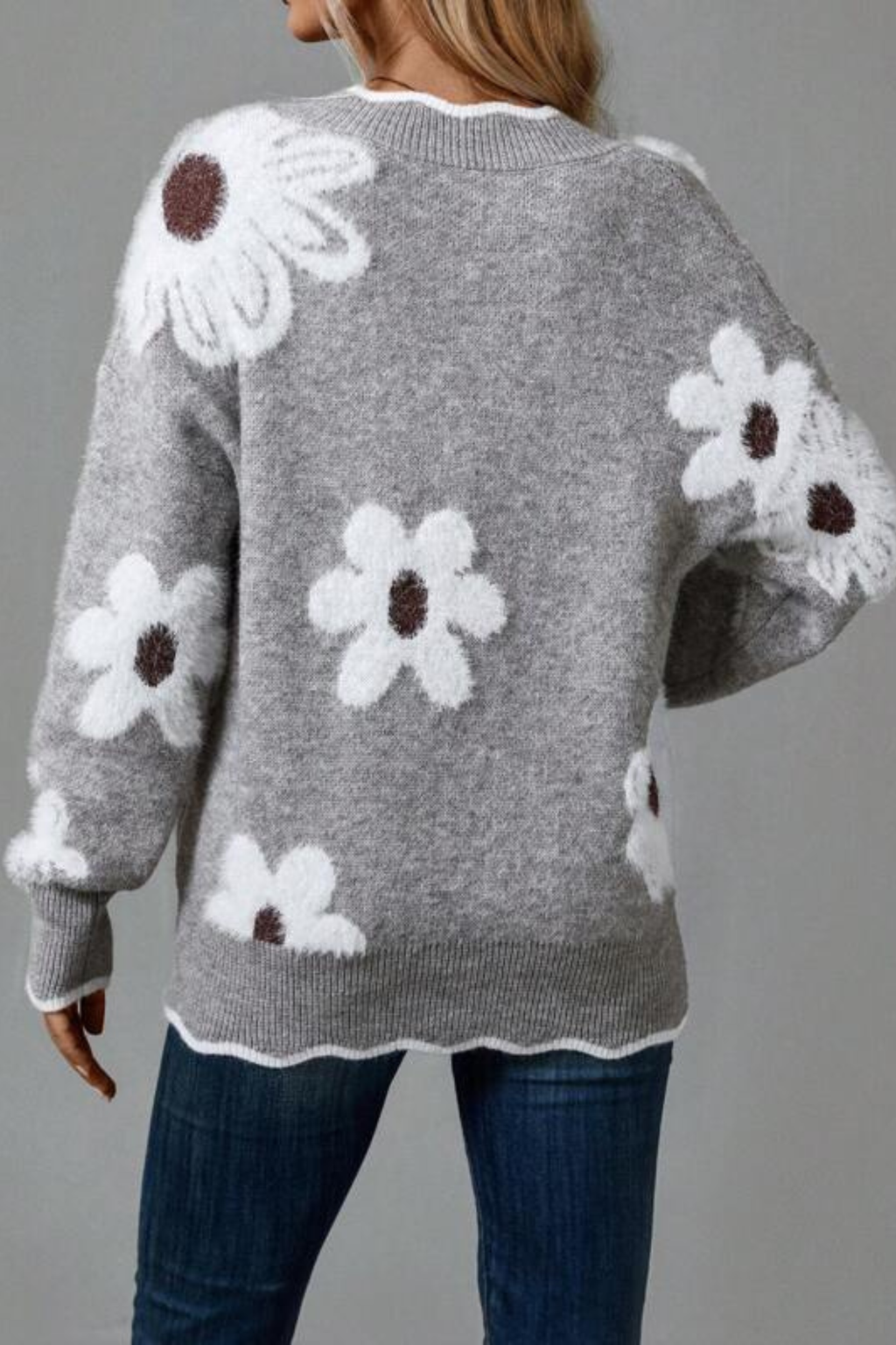 Women's Floral V Neck Knit Sweater