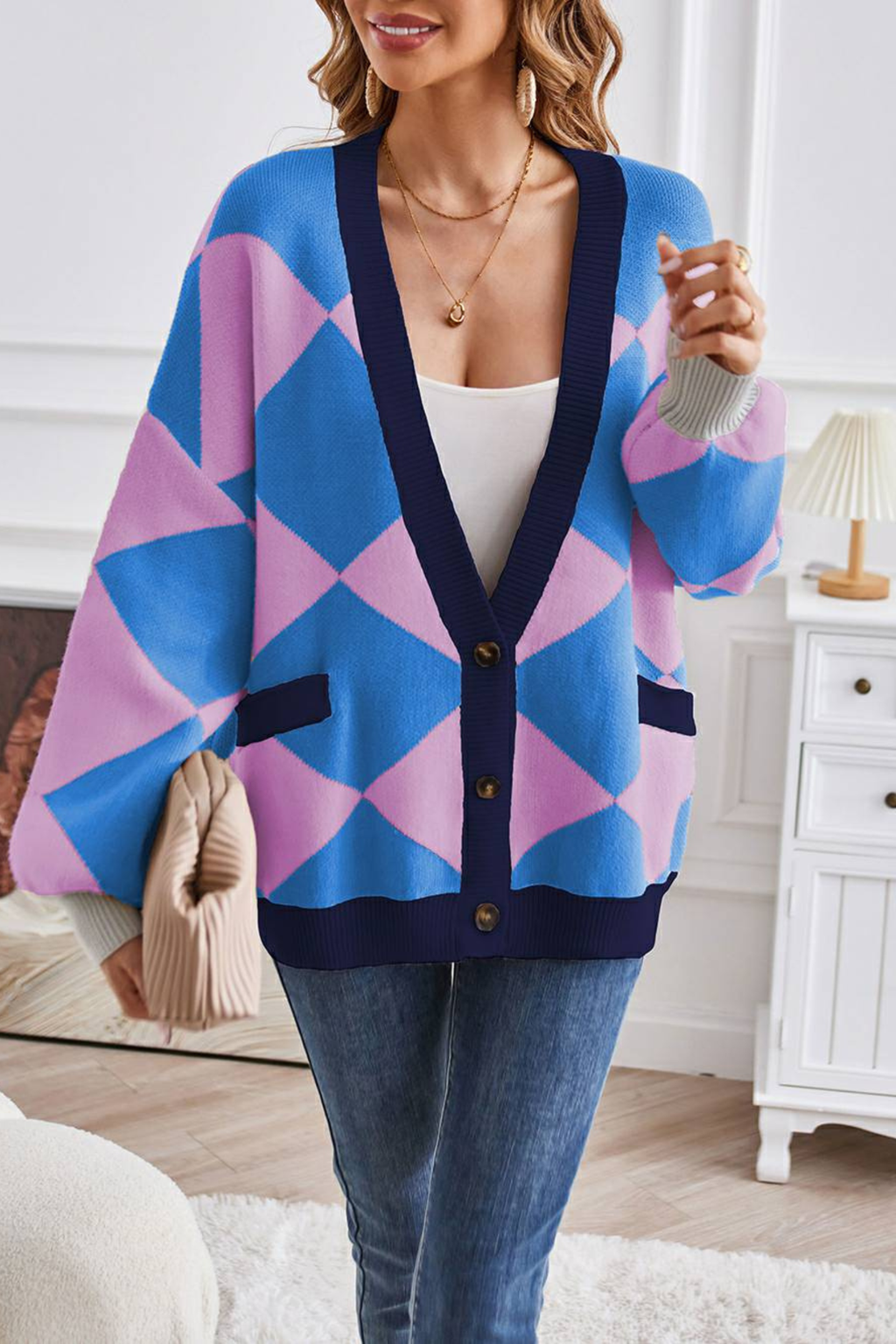 Women's Geometric Knit V Neck Cardigan