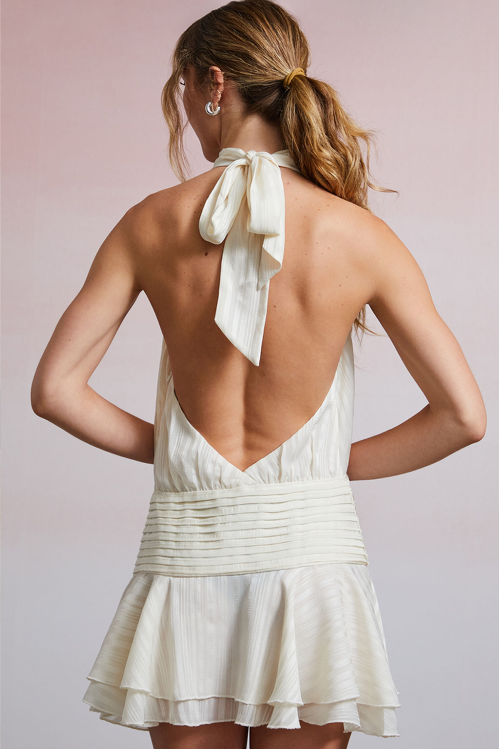Romantic Silk Chiffon Halter Neck Mini Dress with Open Back