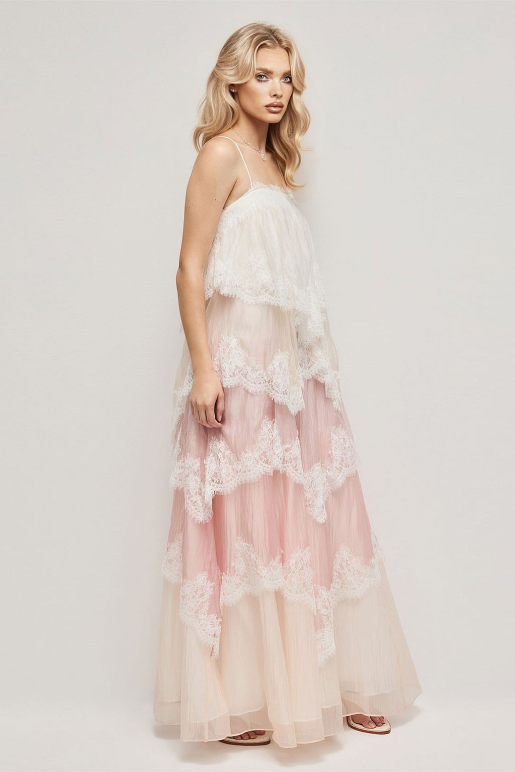 Ombre Lace Trim Maxi Dress with Tiered Skirt