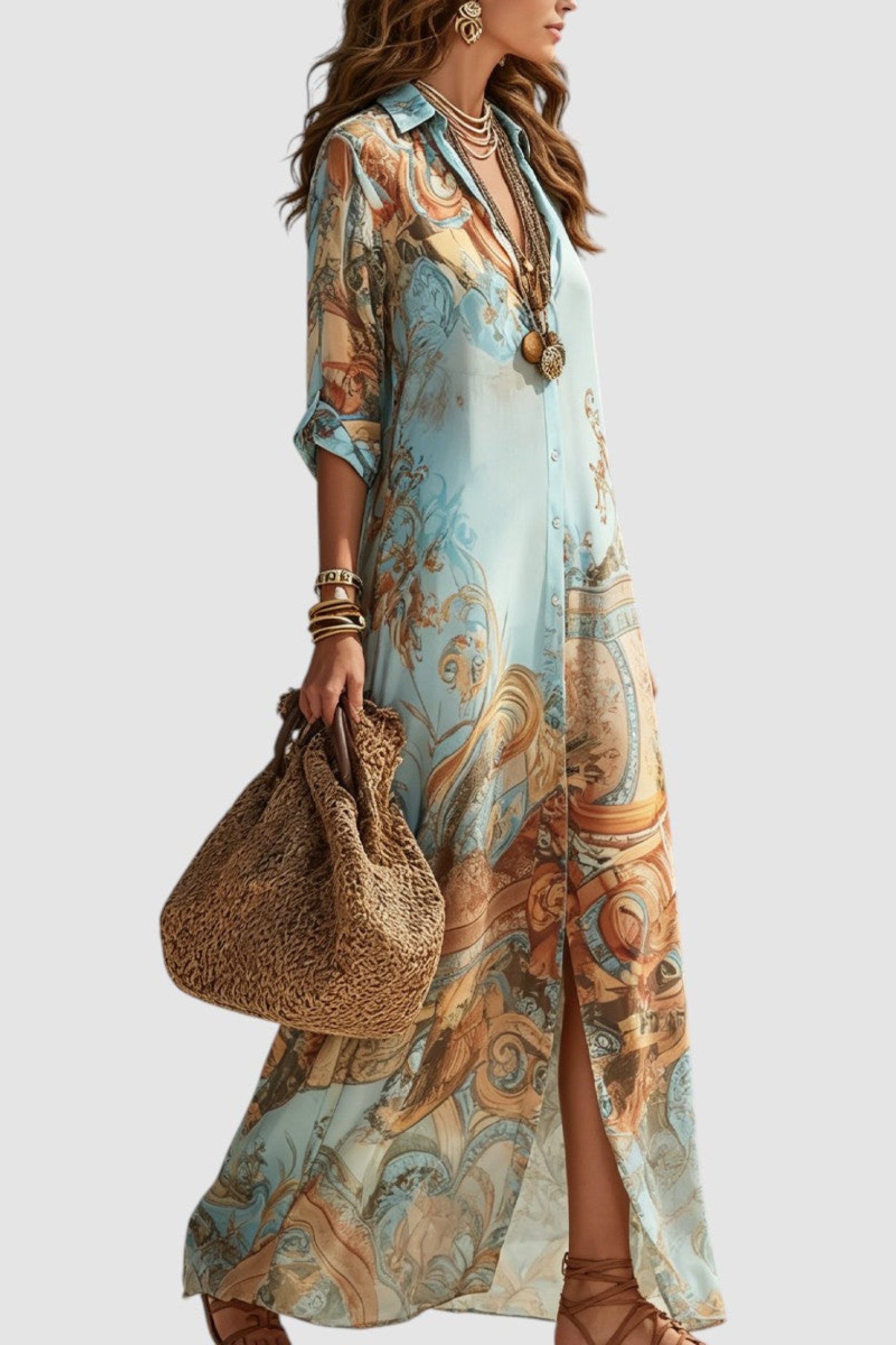 Vintage Art Print Button Front Shirt Dress
